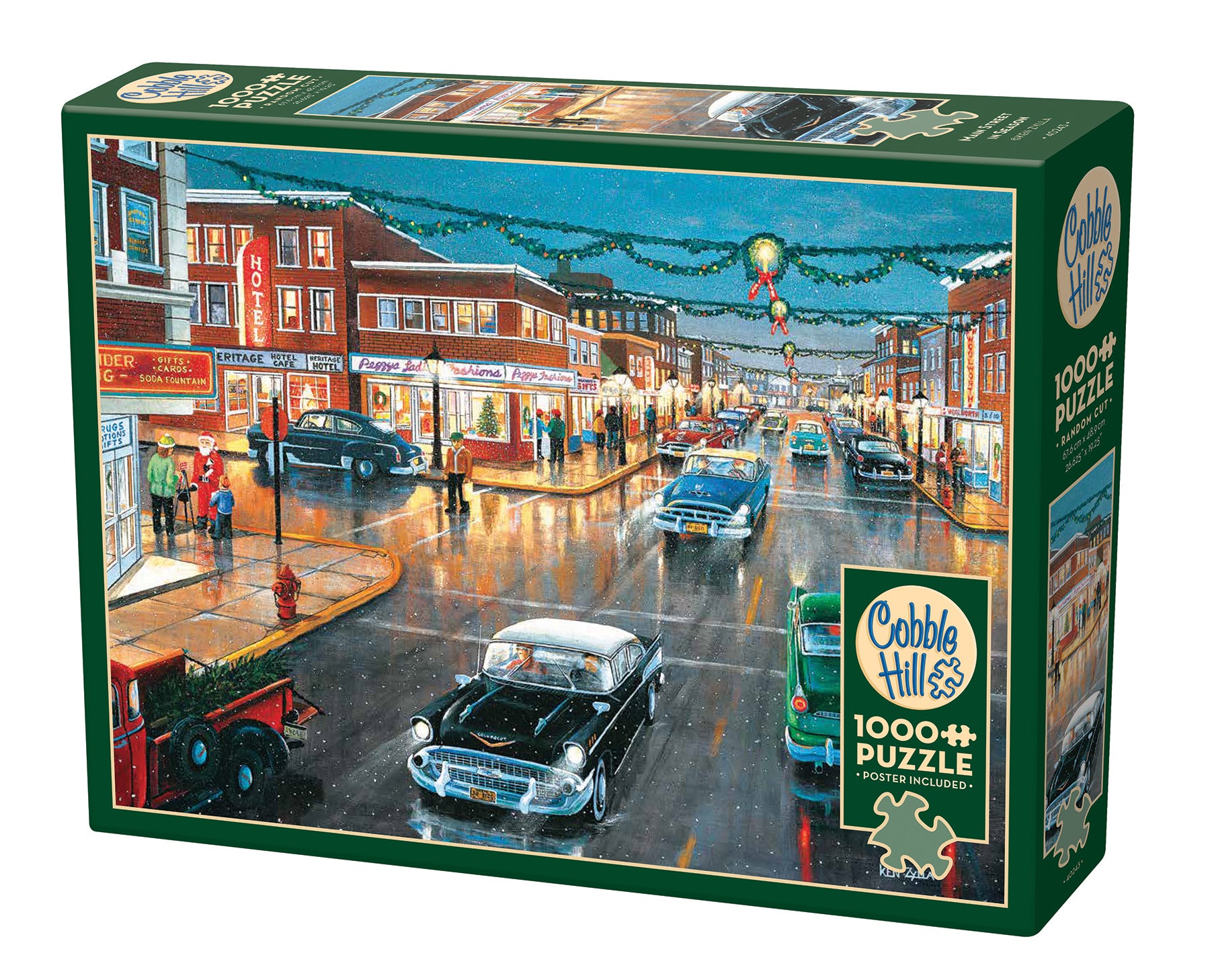 A 1000 piece Cobble Hill puzzle box featuring an illustration of a vintage main street scene with cars and decorations.