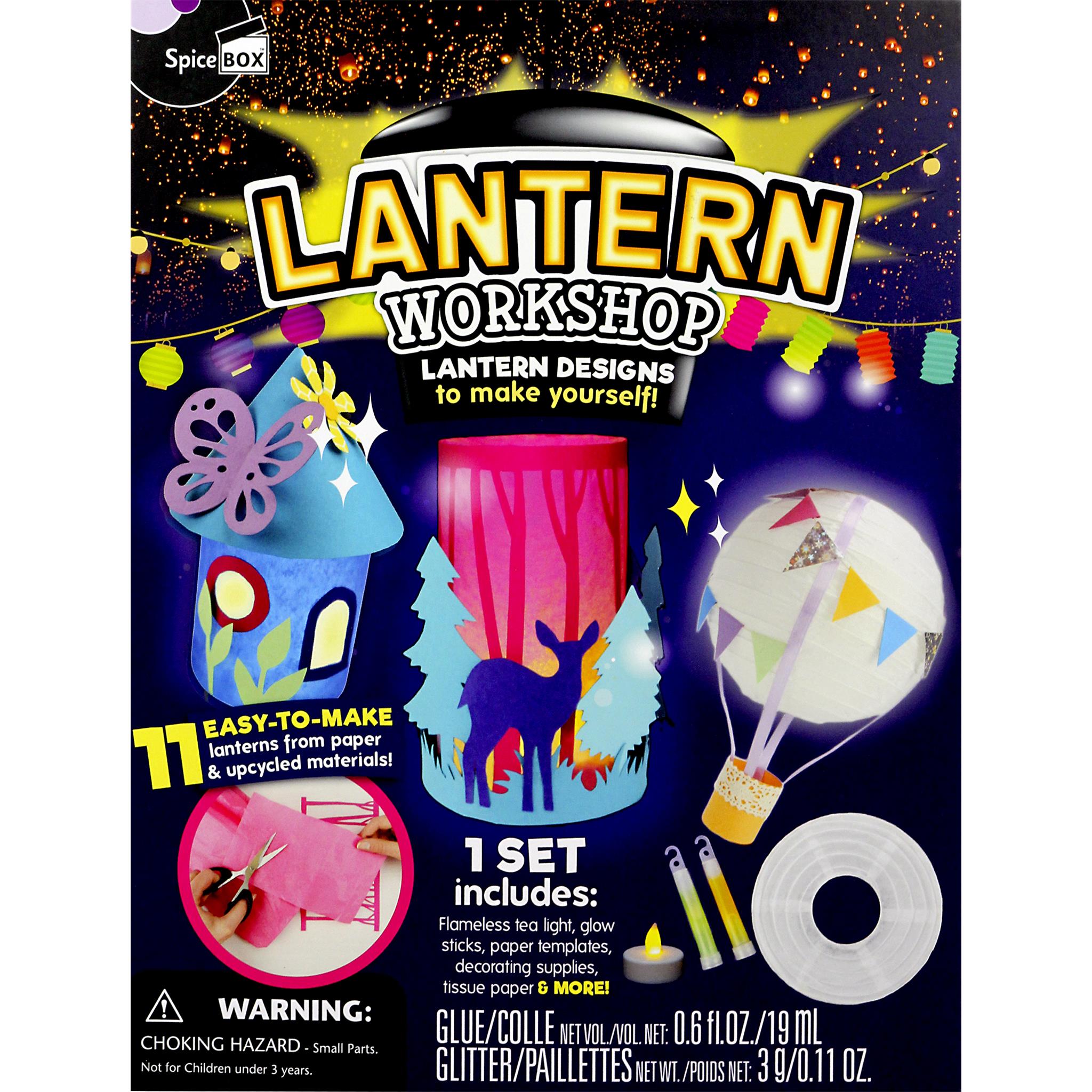 Packaging for the 'Lantern Workshop' craft kit featuring illustrations of paper lantern designs and decorative elements, with the SpiceBox logo.