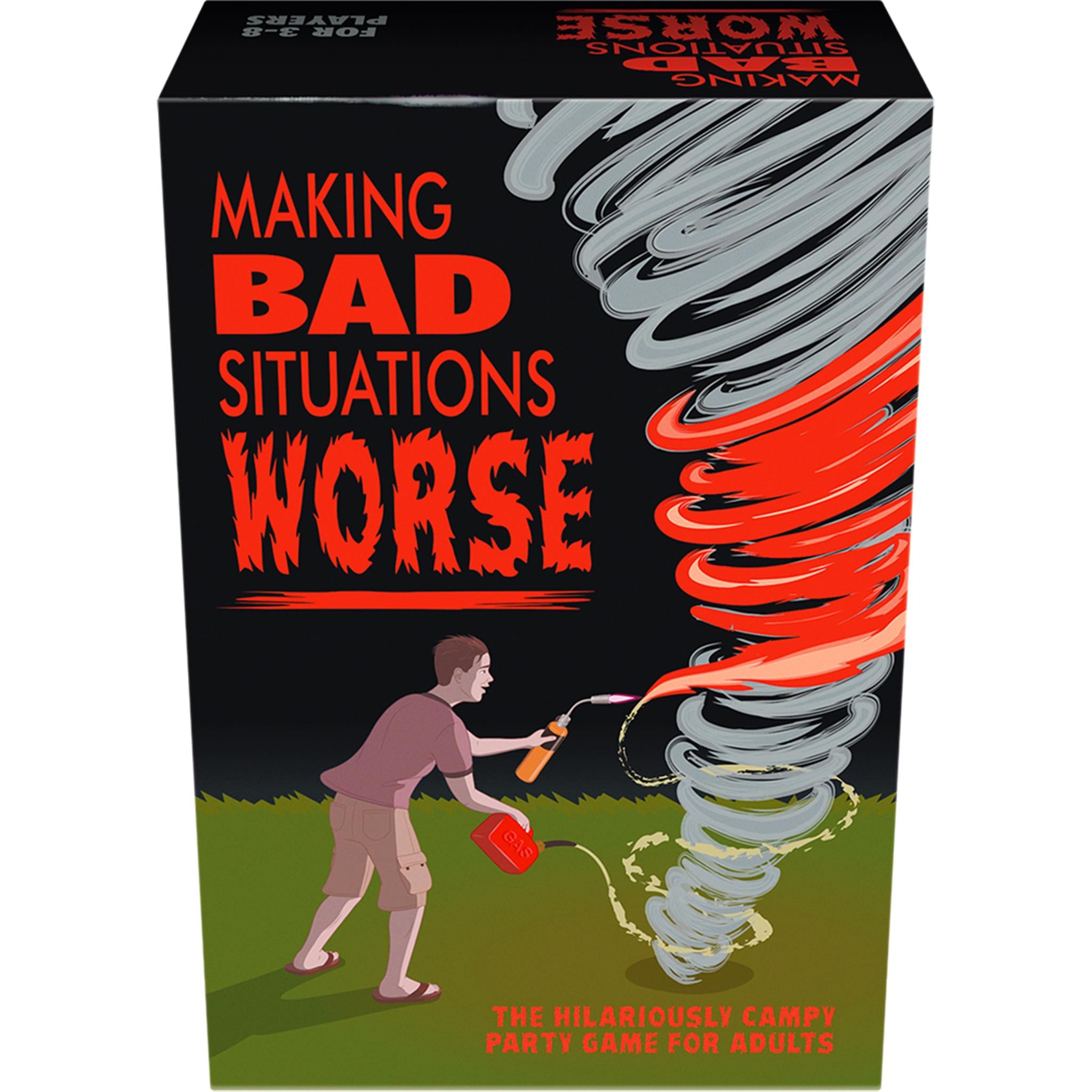 The image displays the product box for "Making Bad Situations Worse," a party game designed for adults. The box features a bold, cartoon-style illustration of a character spray-painting a tornado, with a backdrop suggesting a stormy sky.