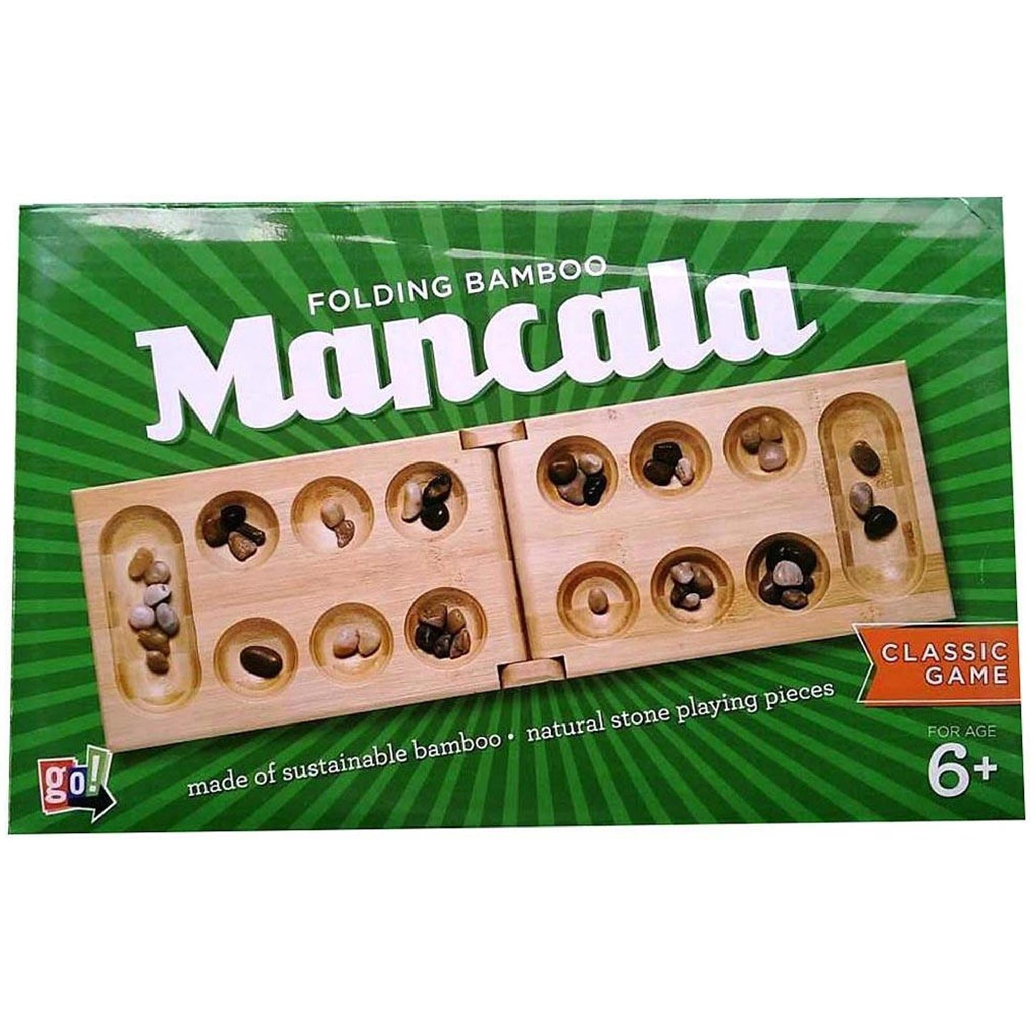 Packaging for a Folding Bamboo Mancala game with visible natural stone playing pieces, marketed as a classic game suitable for ages 6+.