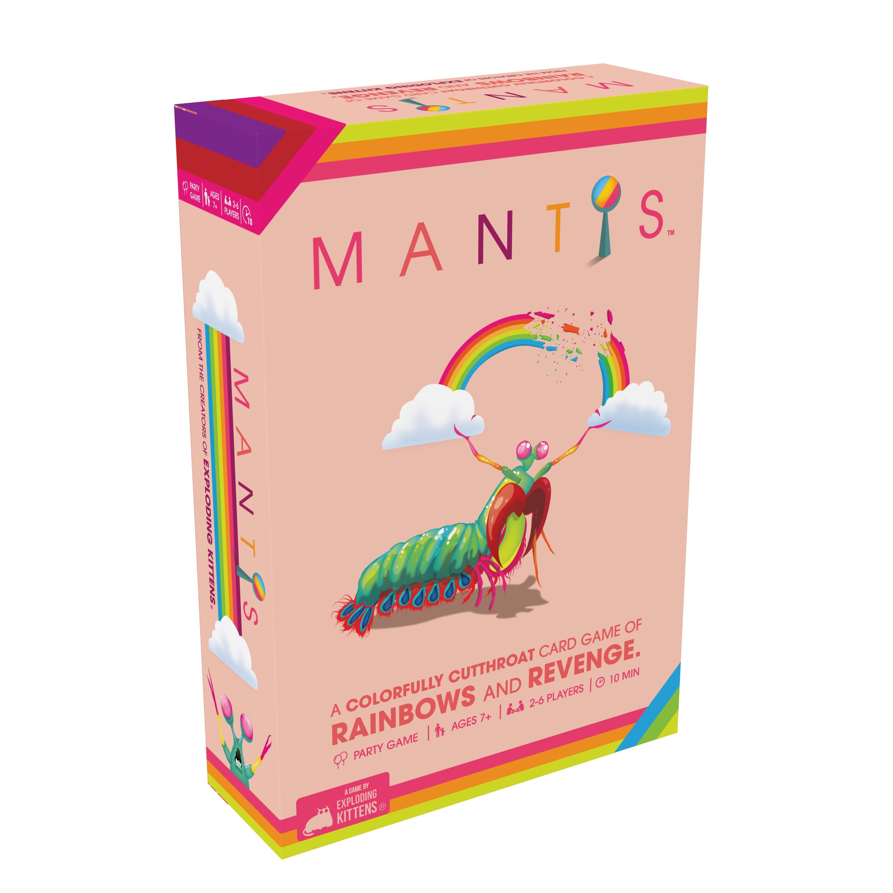 A board game box for 'Mantis' with a colorful design featuring a cartoon mantis and rainbows.