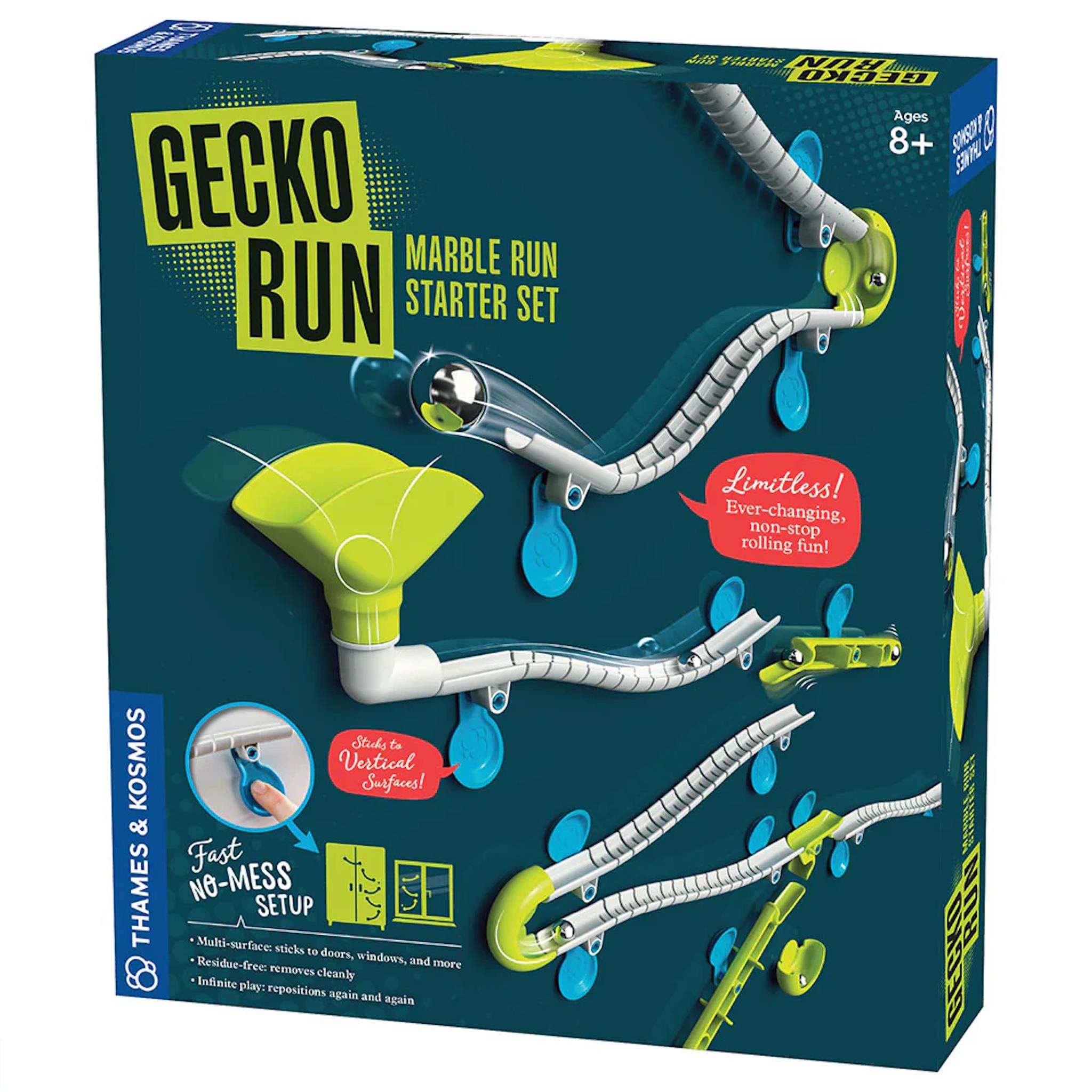 Box of the Gecko Run Marble Run Starter Set featuring the toy's name and a visual representation of the marble run tracks and suction pads.