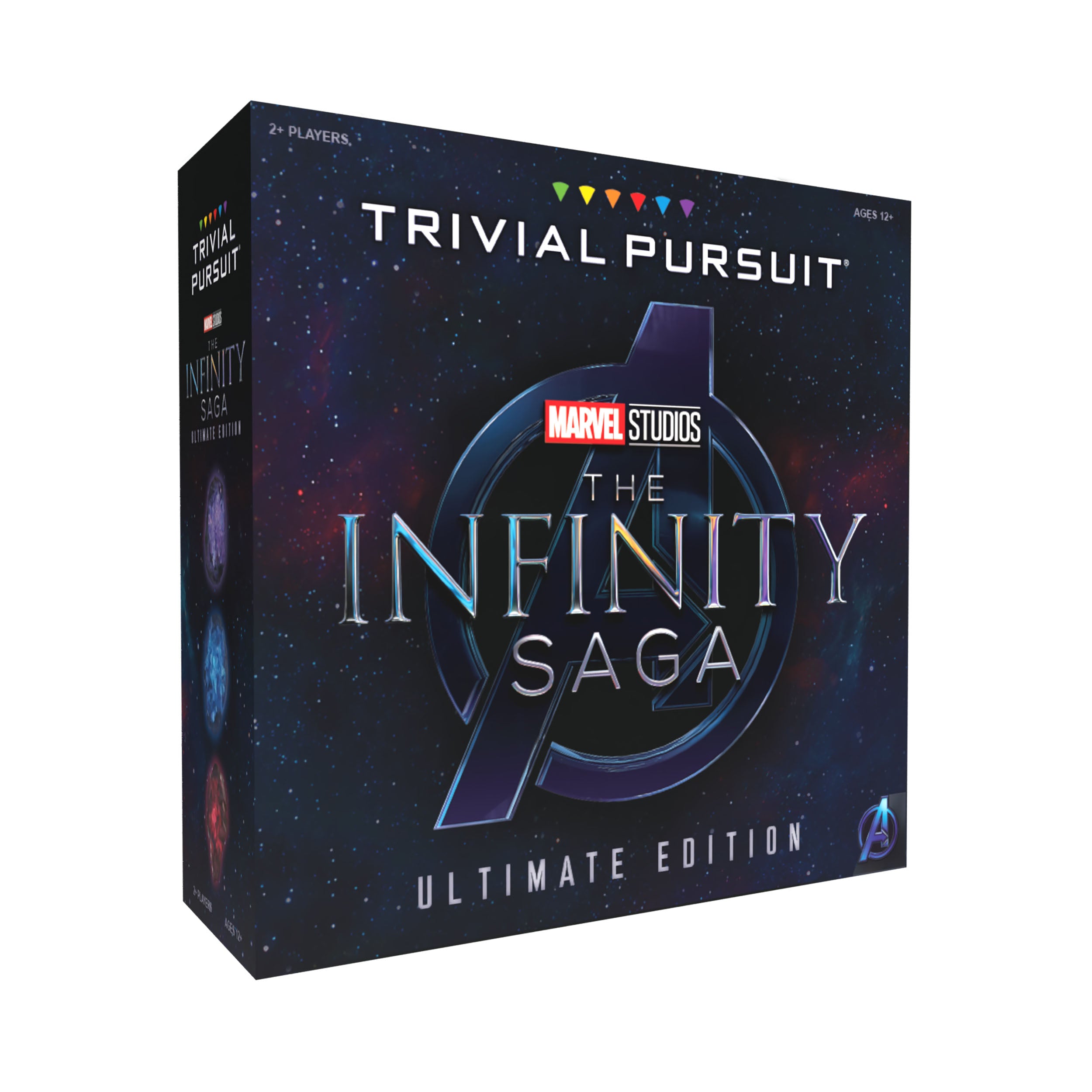 Trivial Pursuit game box for 'Marvel Cinematic Universe Ultimate Edition' featuring the Infinity Saga theme with a cosmic background and Marvel logo.