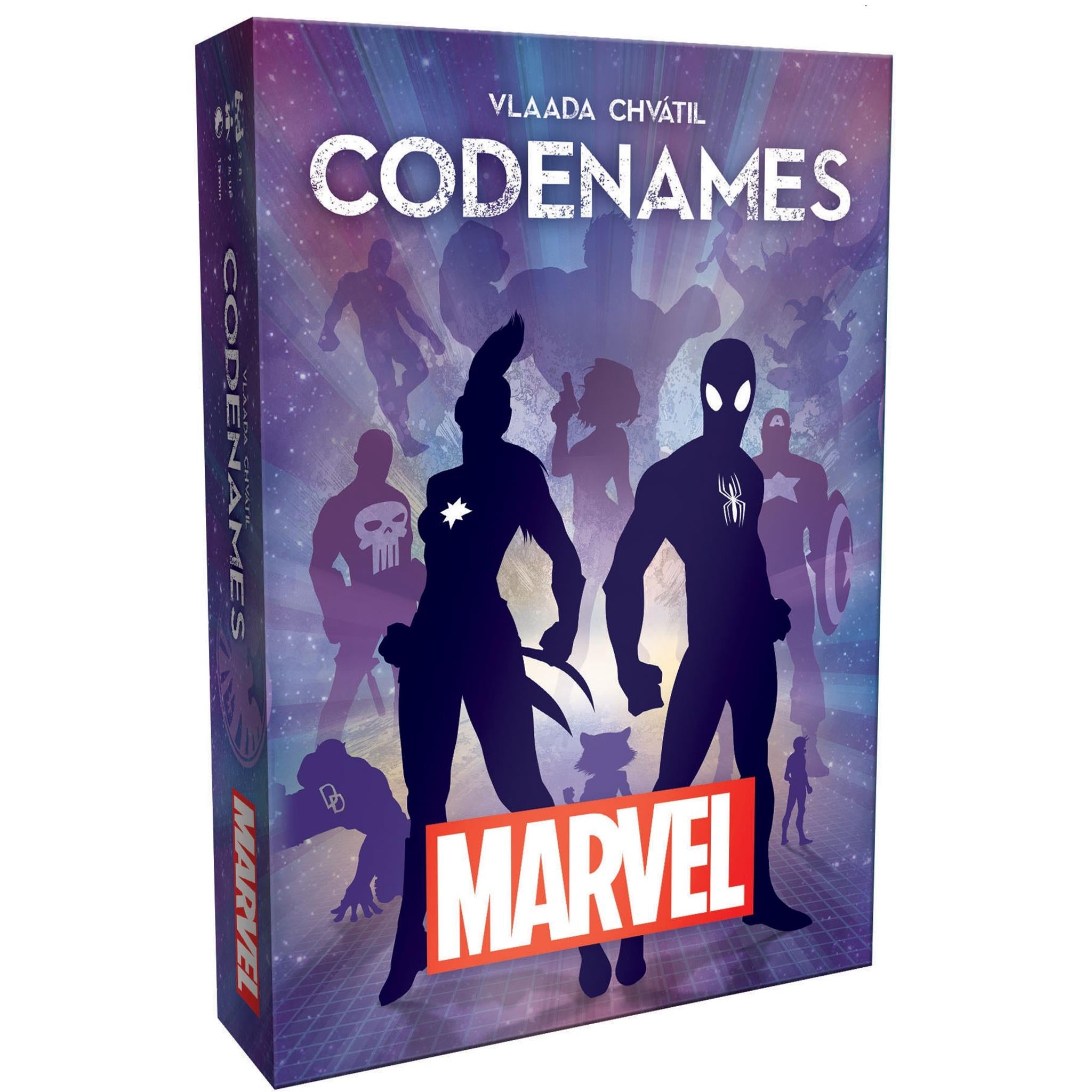 Packaging for 'Marvel Codenames' board game featuring silhouettes of Marvel characters and the game's title on the front.
