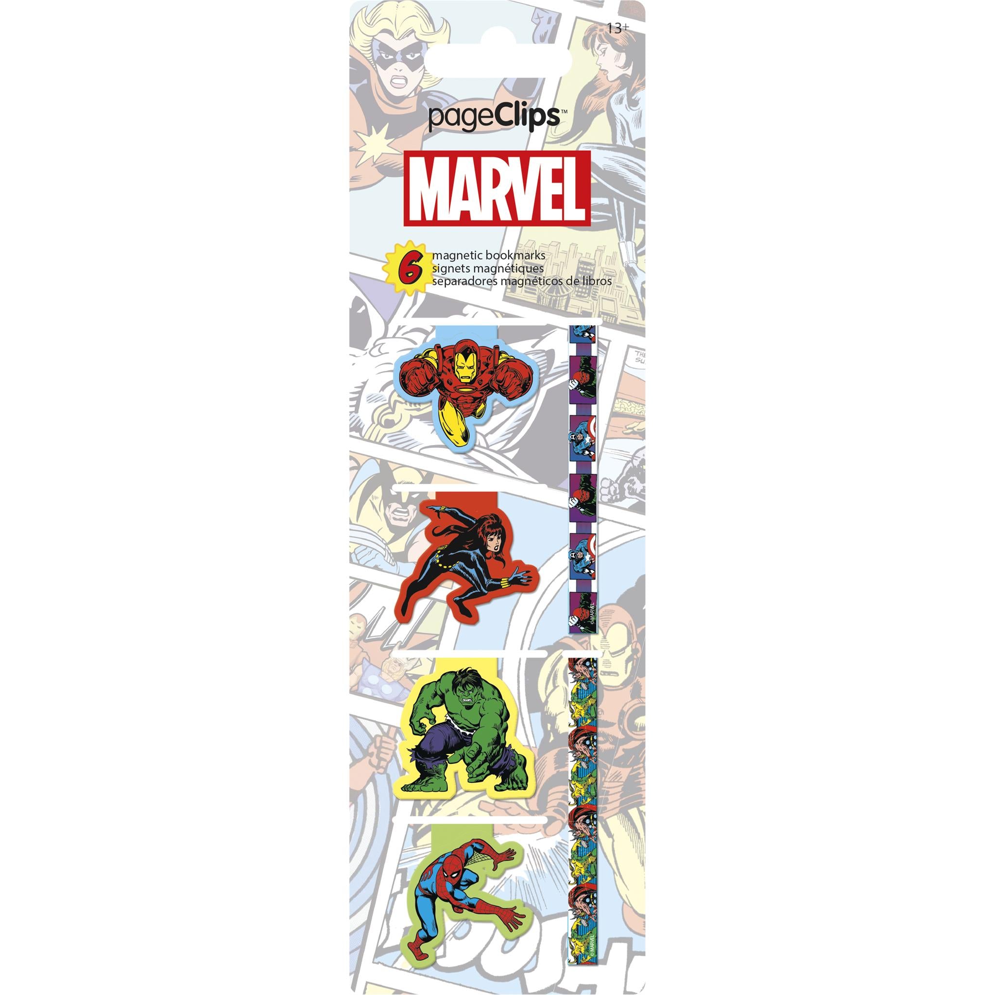 Packaging for Marvel Magnetic Page Clips featuring illustrations of Iron Man, Spider-Man, and the Hulk.