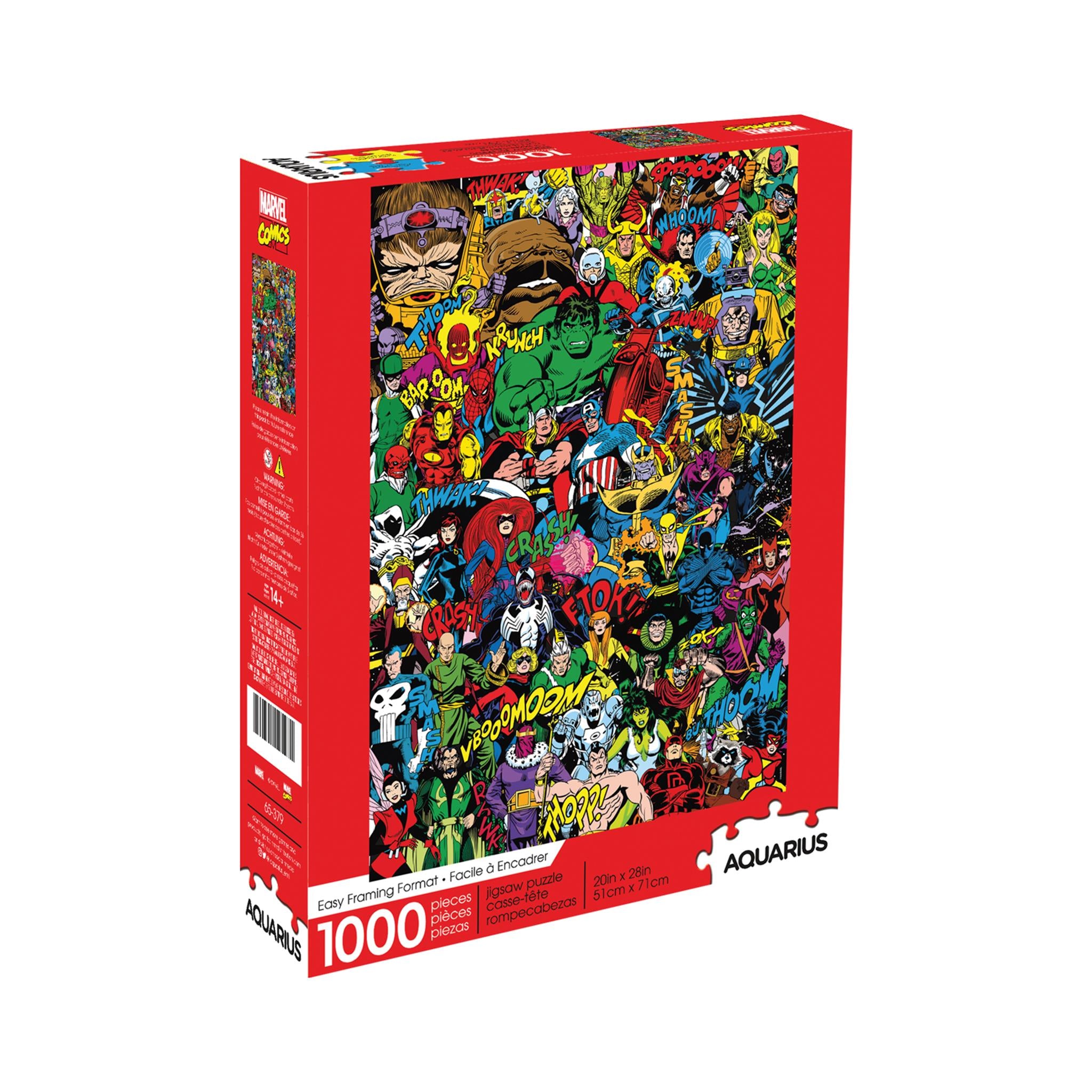 A 1000 piece jigsaw puzzle box featuring colorful artwork with various Marvel comic book characters.