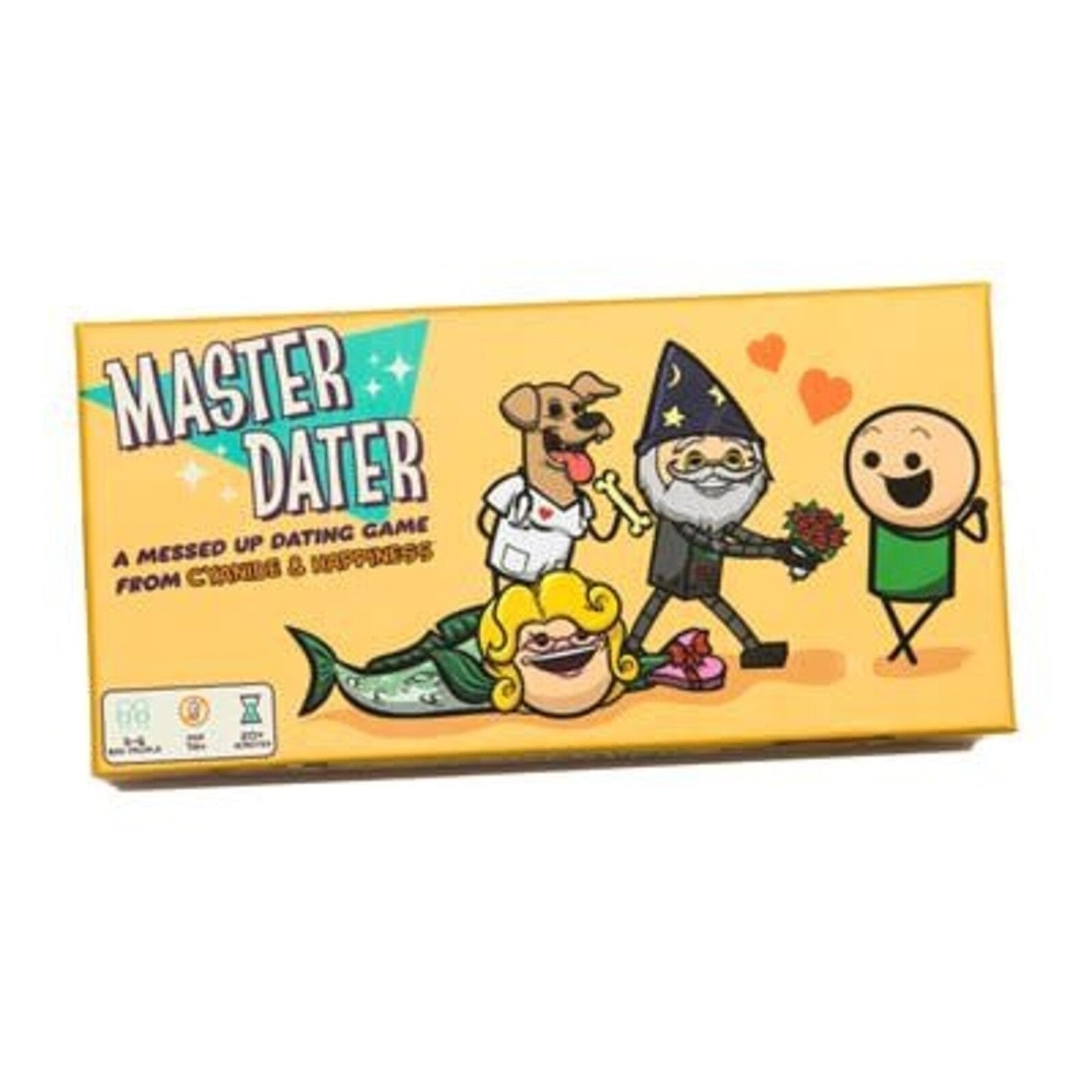 The image displays the packaging of the card game 'Master Dater' featuring cartoon-style illustrations of various characters in dating scenarios.