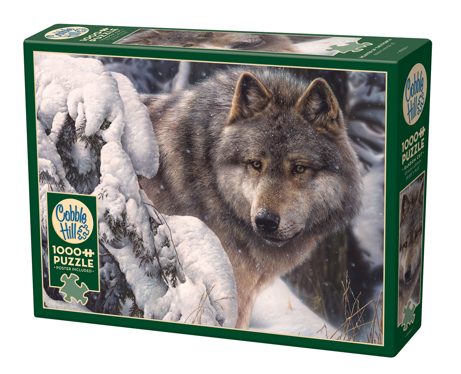 A 1000 piece jigsaw puzzle box featuring an image of a wolf with a winter landscape in the background.