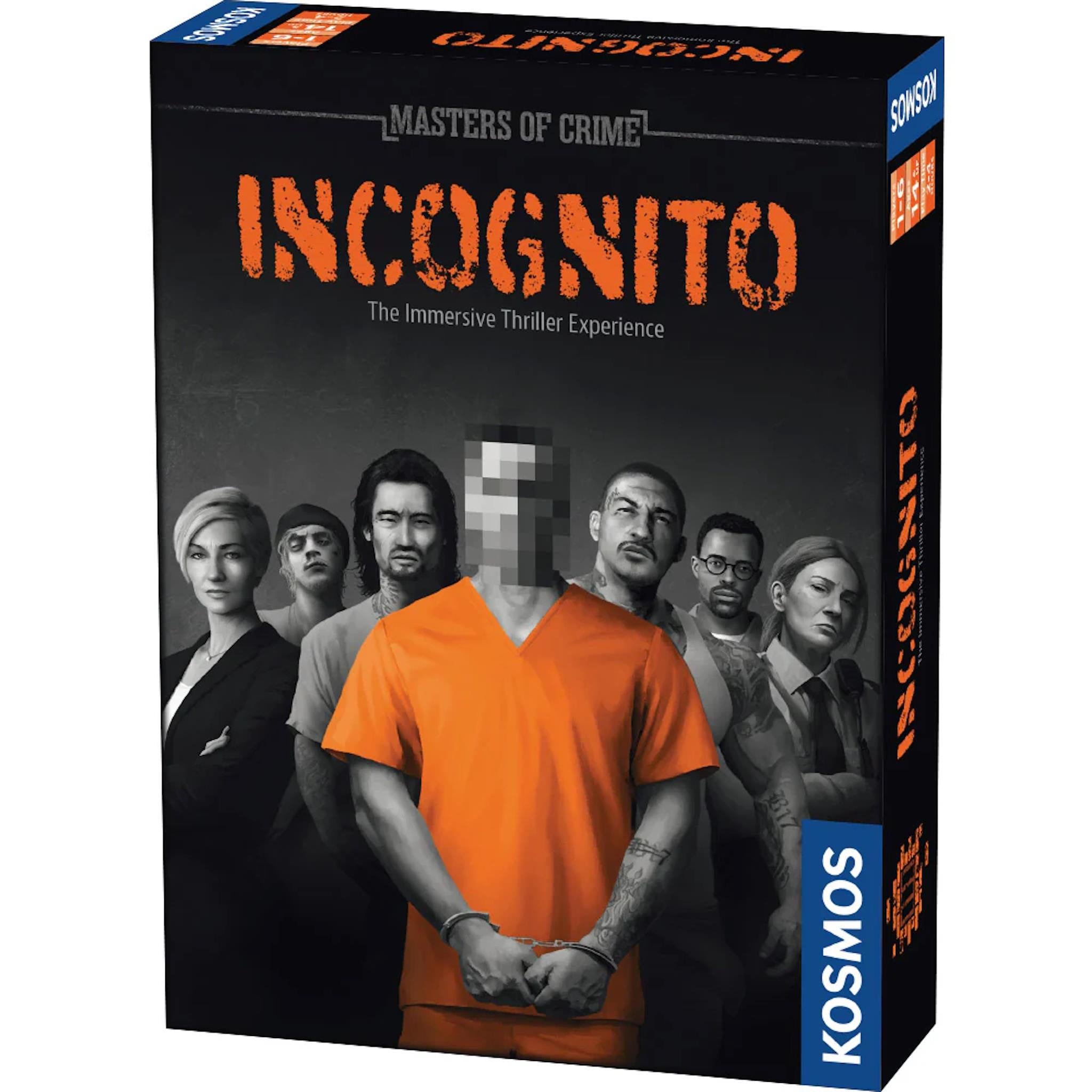 Board game box cover for 'Masters of Crime Incognito' featuring an orange-shirted character with blurred faces in the background, set against a dark cityscape.