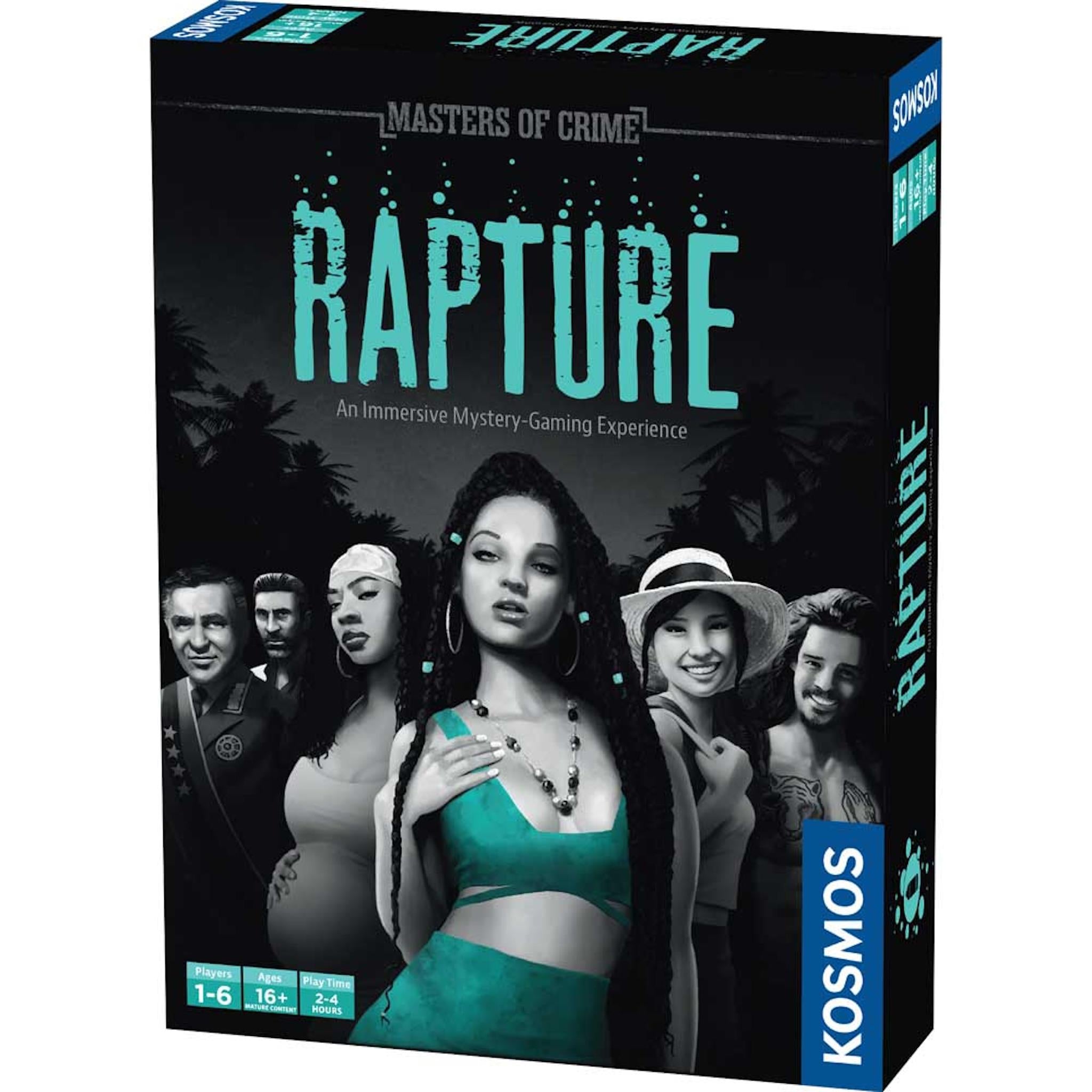 Board game box cover for 'Masters of Crime: Rapture' featuring images of characters likely involved in the game's story, with the title prominently displayed at the top.