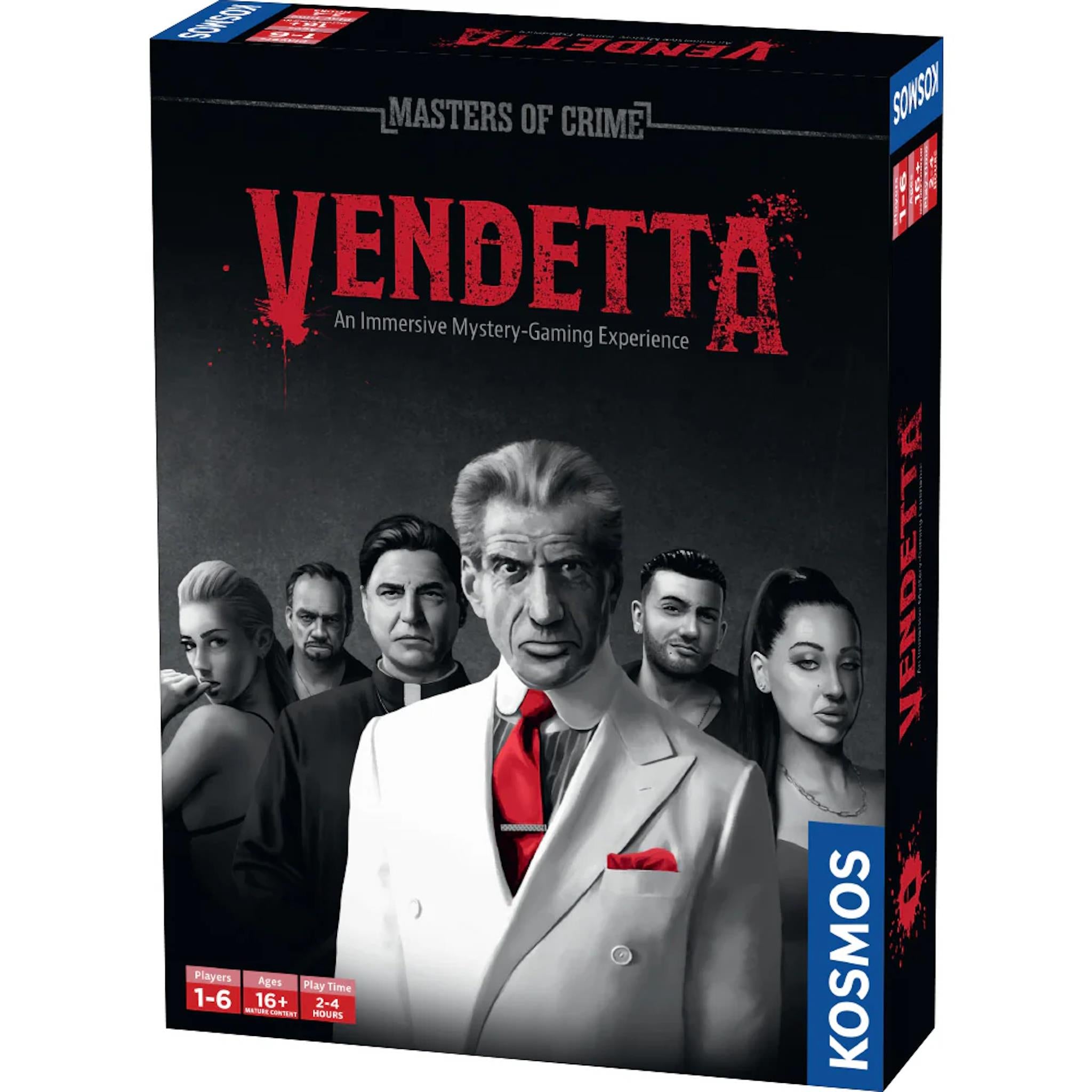 Board game box cover for 'Masters of Crime Vendetta' featuring images of characters in a dramatic setting with the title text prominently displayed.