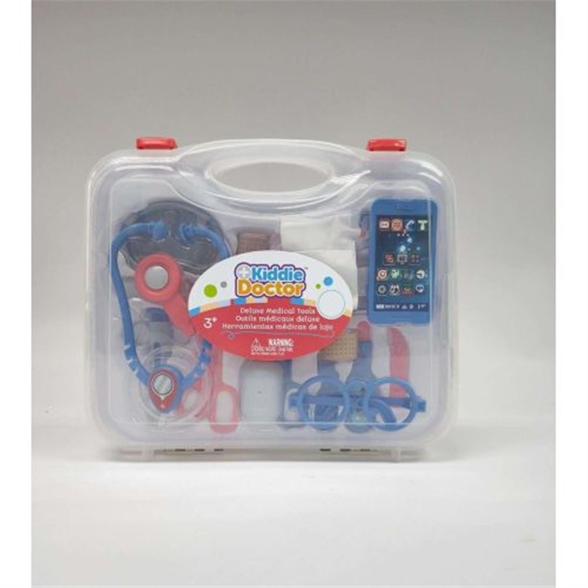 A children's medical kit with various toy tools displayed in a clear plastic case, including a stethoscope, syringes, and other medical equipment.
