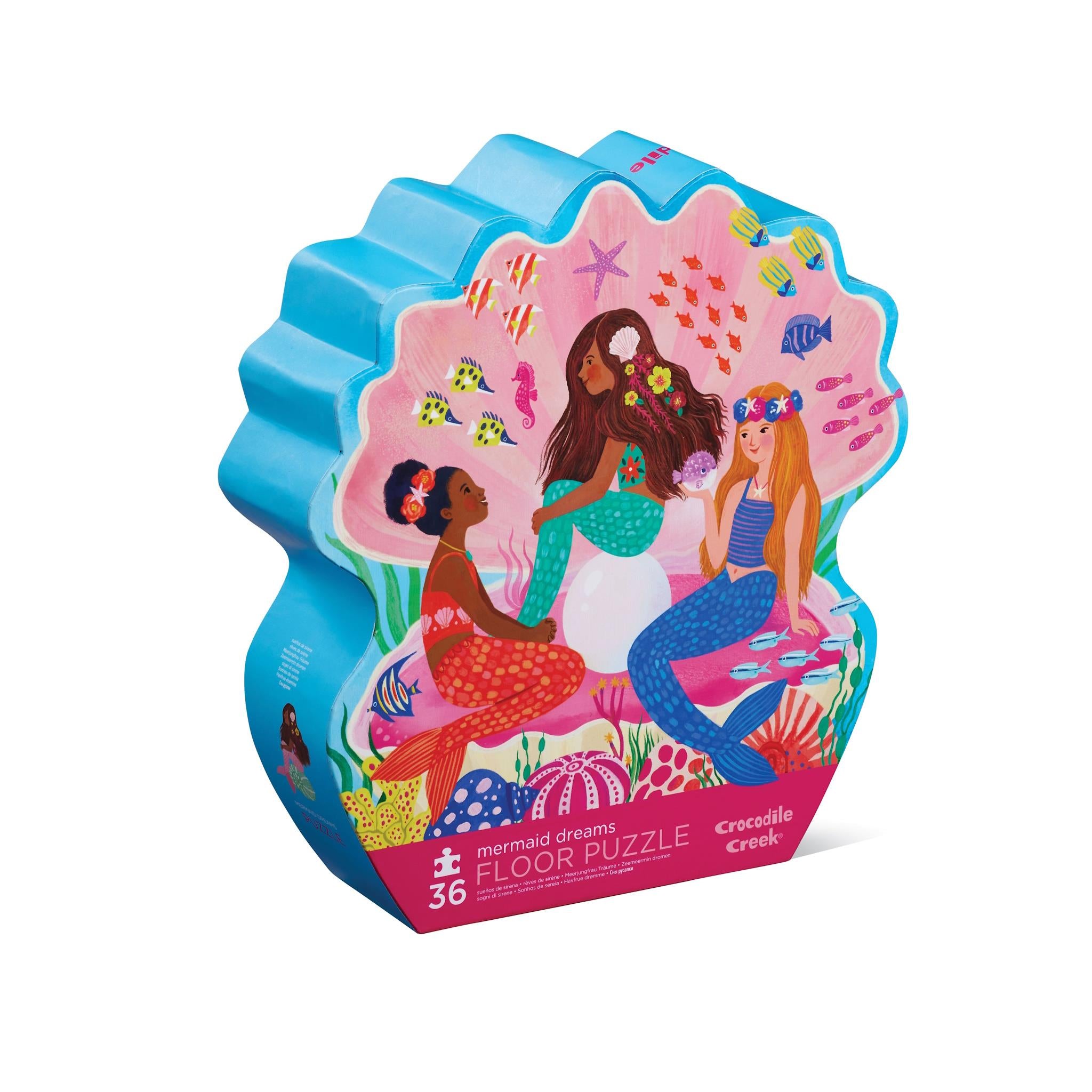 A 36-piece floor puzzle with an illustration of mermaids and underwater creatures, packaged in a shaped box.