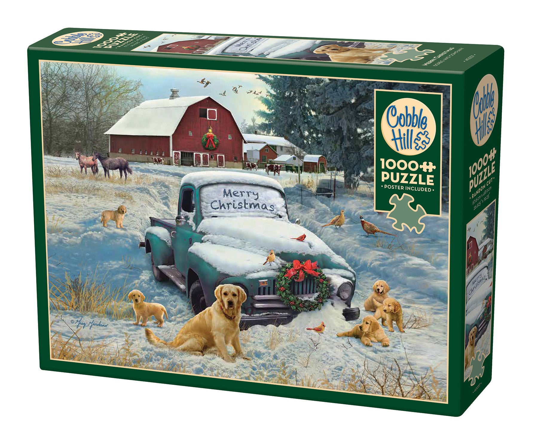 A 1000 piece Cobble Hill puzzle box featuring an illustrated Christmas scene with a green truck, red barn, and dogs in the snow.