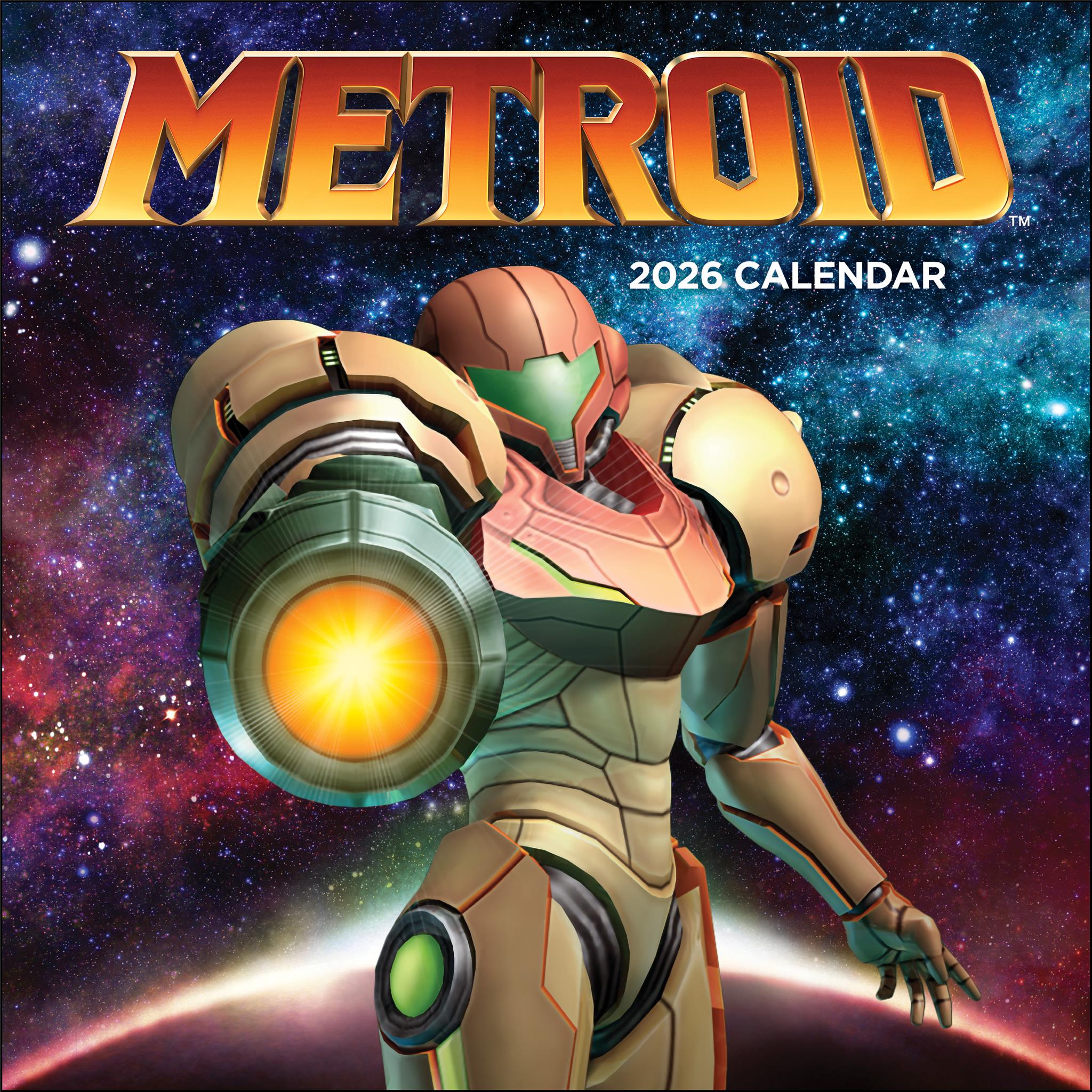 Cover of the Metroid 2026 Wall Calendar featuring an illustration of the character Samus Aran from the Metroid Prime series against a cosmic and galactic backdrop.