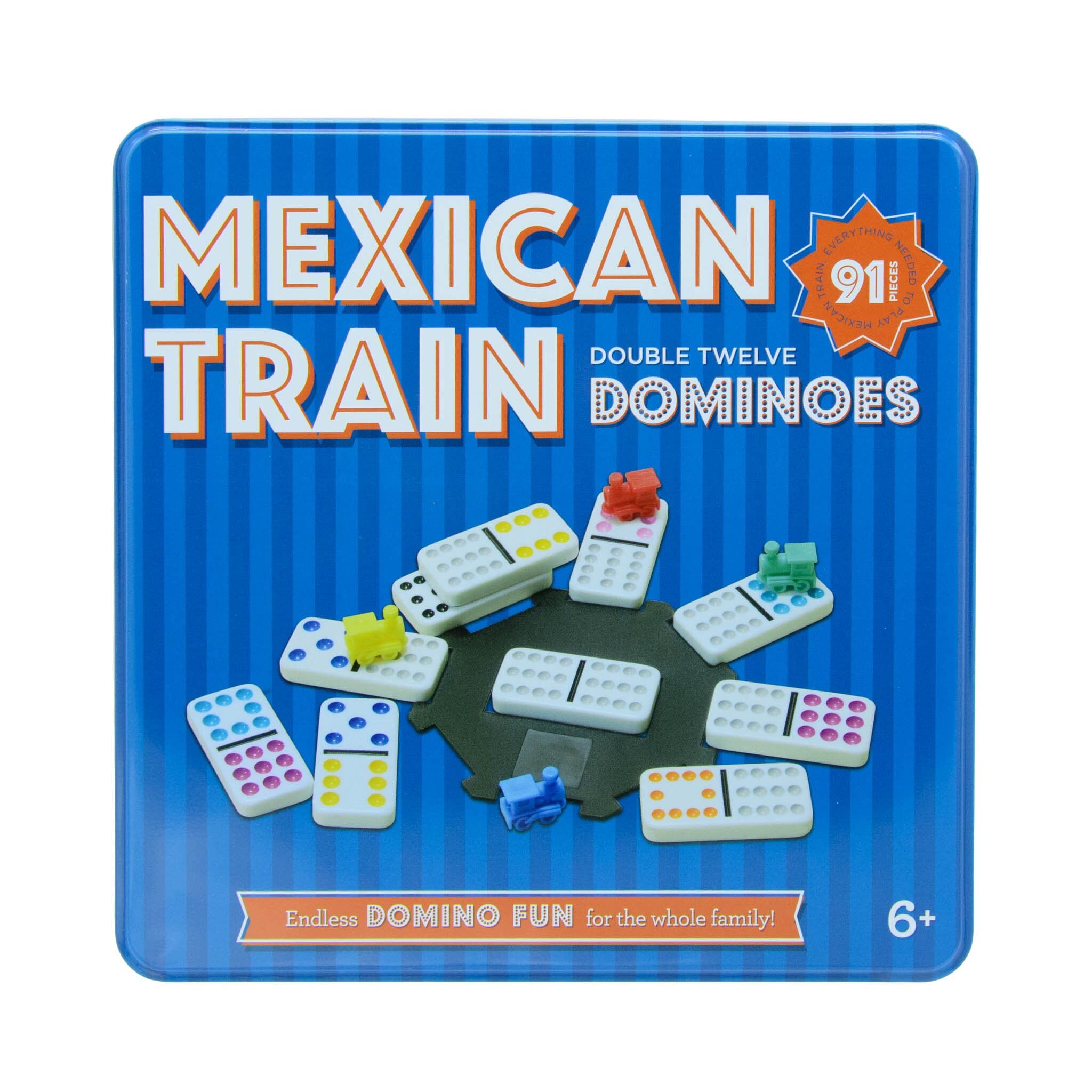 Board game box cover for 'Mexican Train' featuring images of the game's dominoes and indicating it is suitable for ages 6 and up.