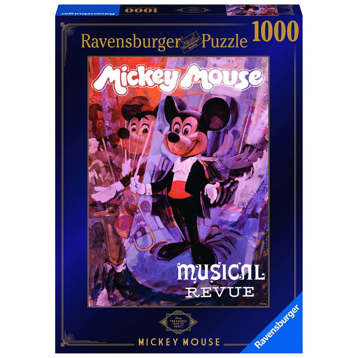 A 1000-piece Ravensburger jigsaw puzzle box featuring an illustration of Mickey Mouse conductor with a colorful background from the 'Mickey Mouse Musical Revue' theme park attraction.
