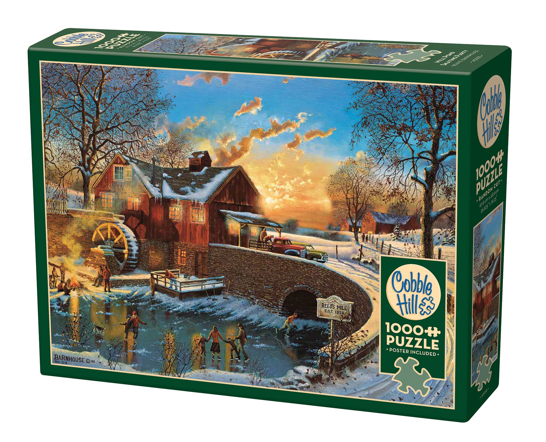 A 1000 piece Cobble Hill puzzle box featuring an illustrated winter scene with a mill and skaters on a pond.