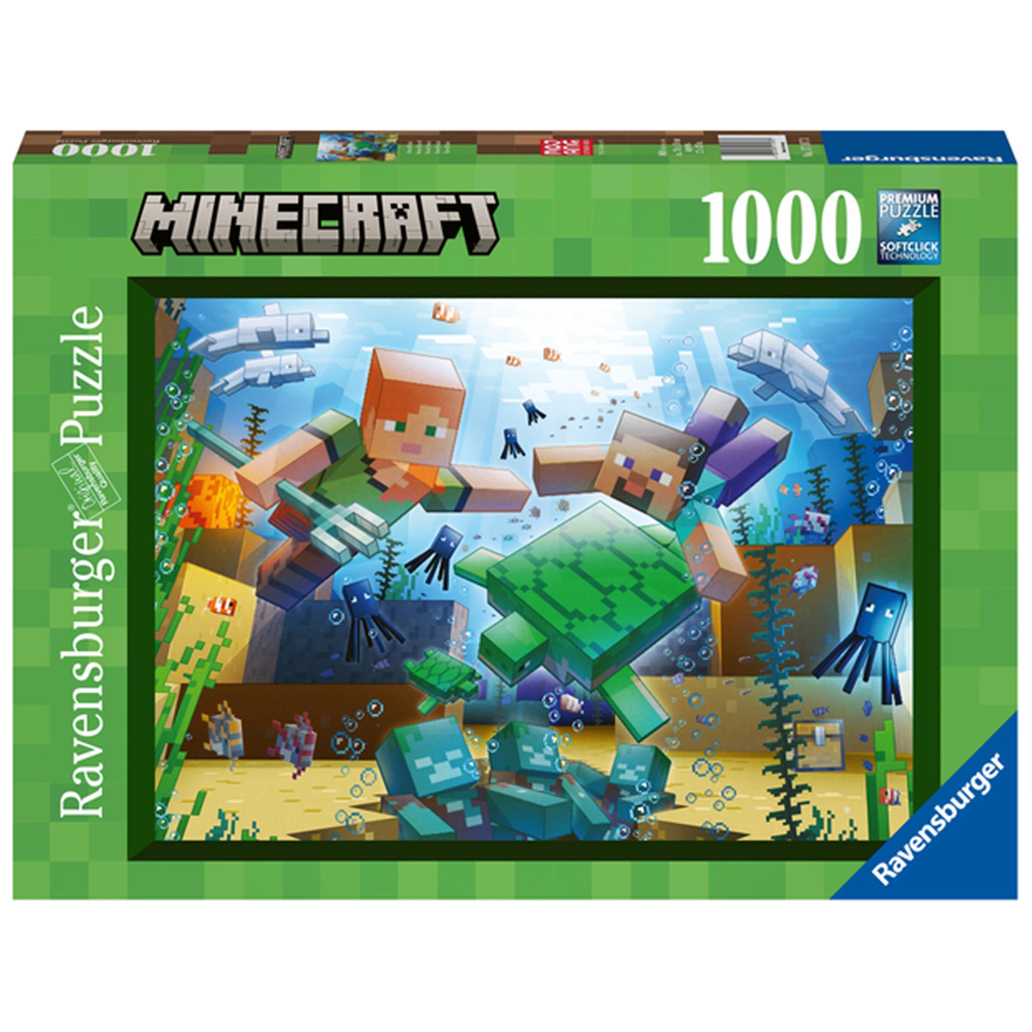 A 1000-piece Ravensburger jigsaw puzzle box featuring a colorful and detailed scene from the Minecraft video game, with characters and a underwater environment.