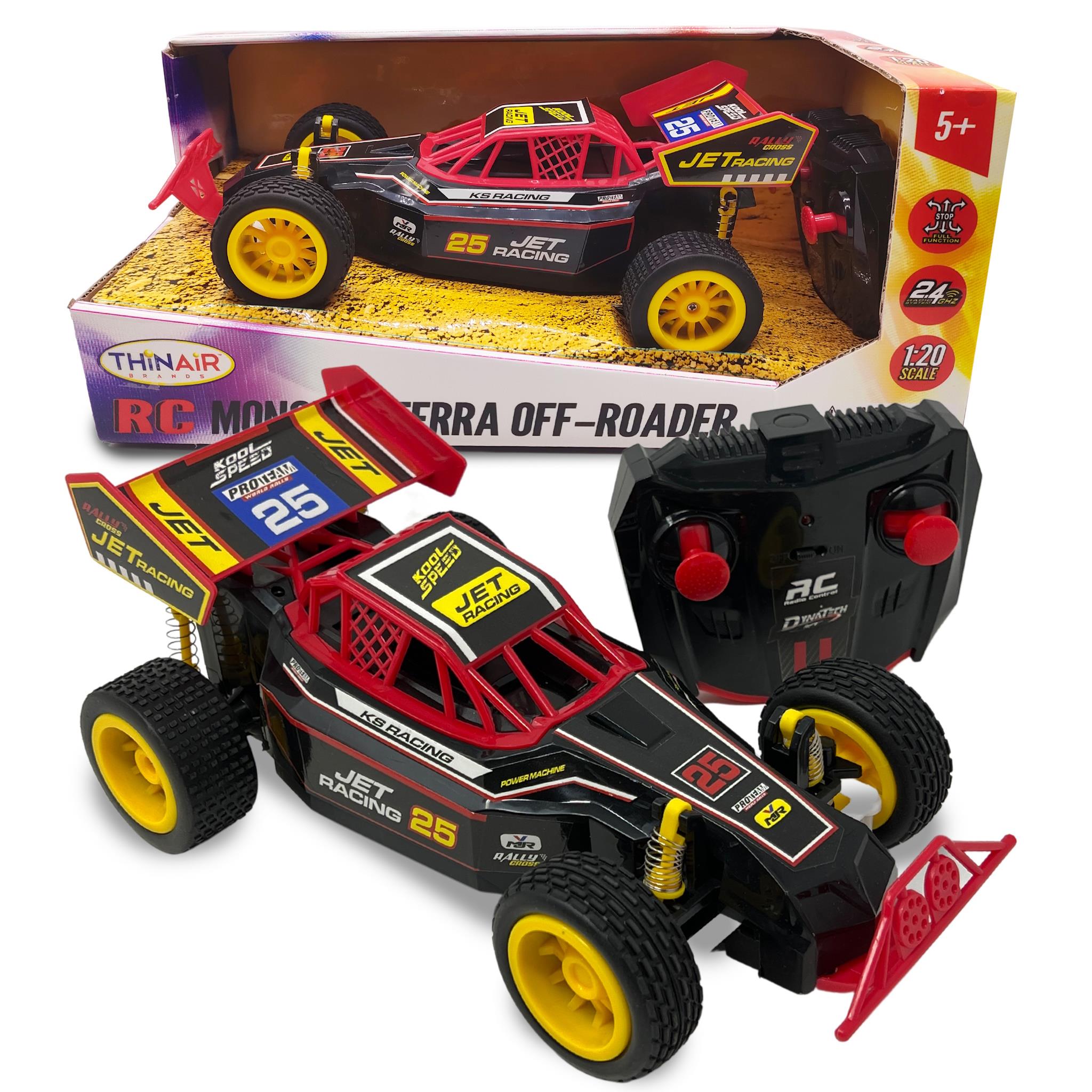 A red and black RC Monster Terra Off-Roader toy vehicle with a remote control, packaged in a box.