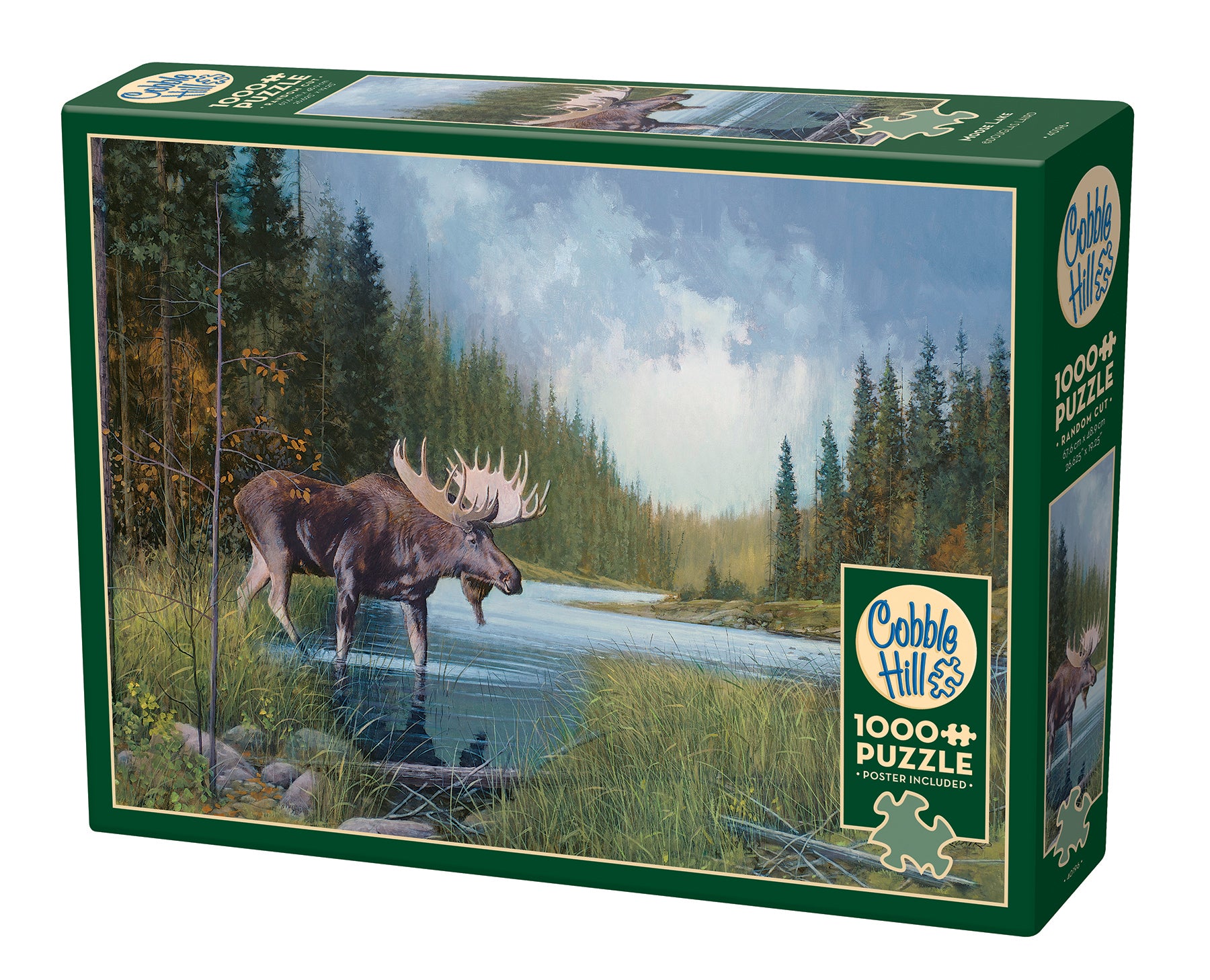 A puzzle box featuring an illustration of a moose in a lake surrounded by forest, with the text '1000 Piece Puzzle' and the brand 'Cobble Hill'.