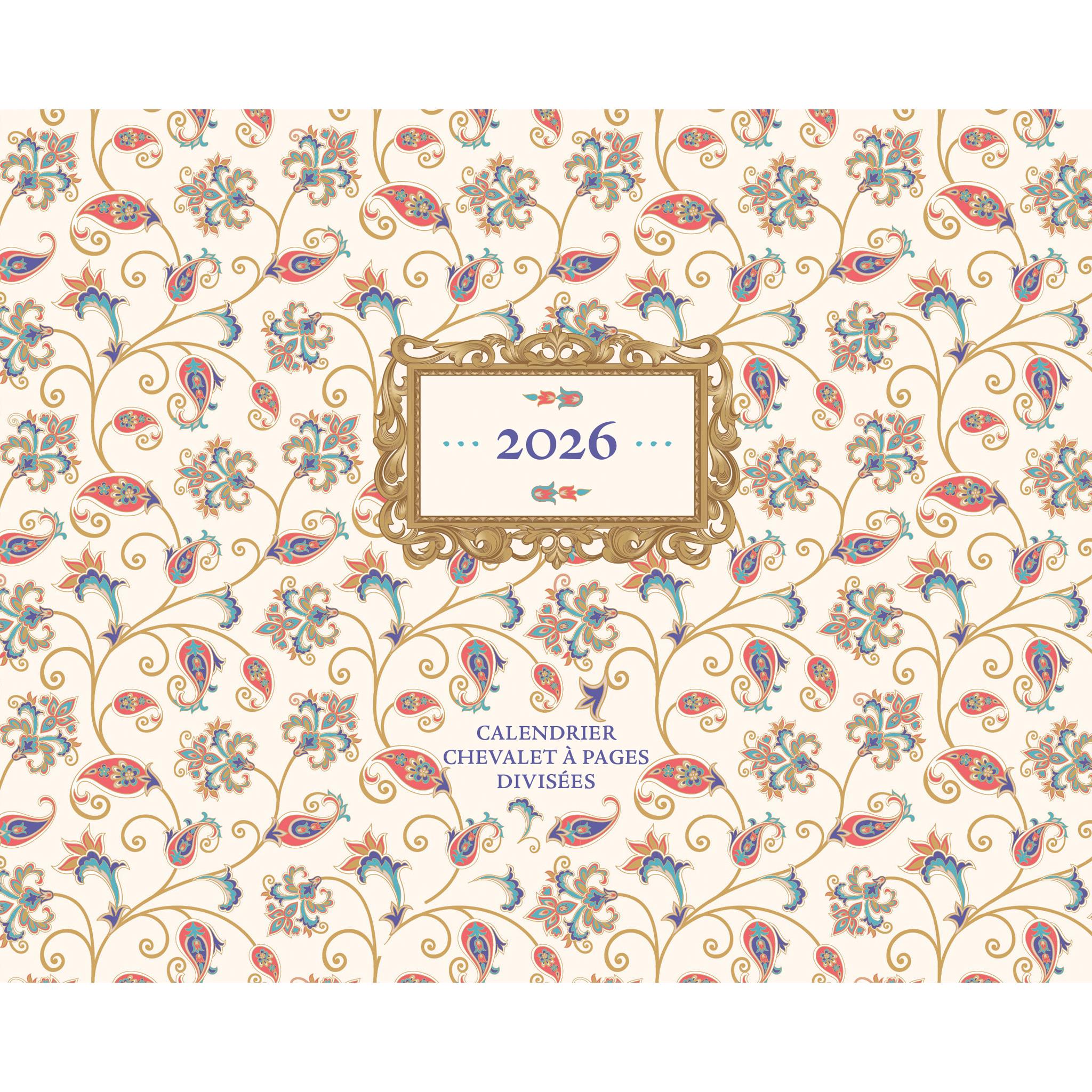 A 2026 easel calendar with a floral pattern and a frame highlighting the year on the cover. French format.