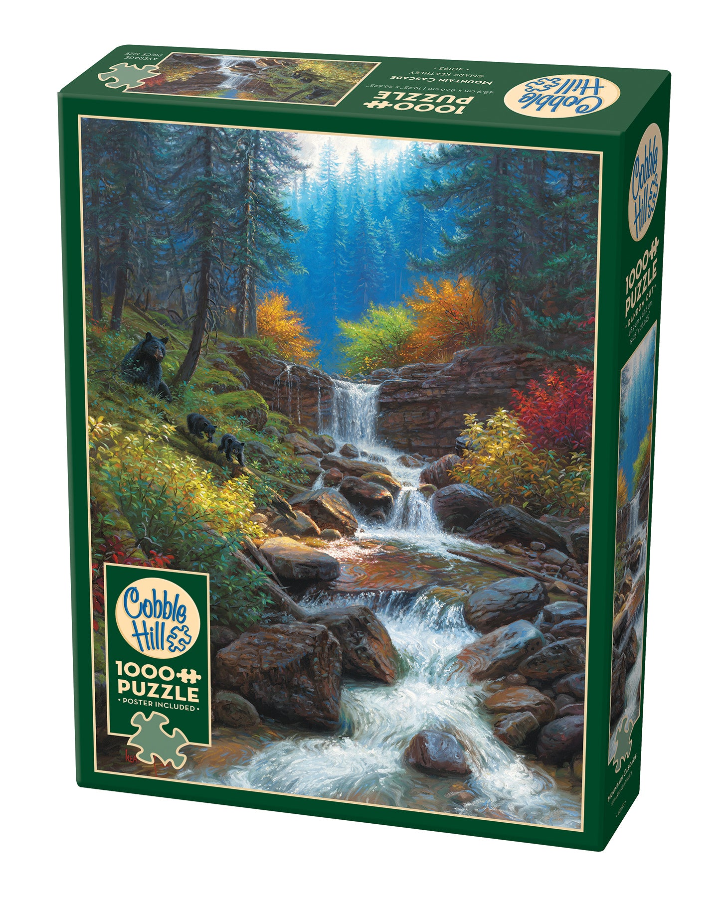 A 1000 piece jigsaw puzzle box featuring an illustration of a mountainous landscape with a waterfall and trees.