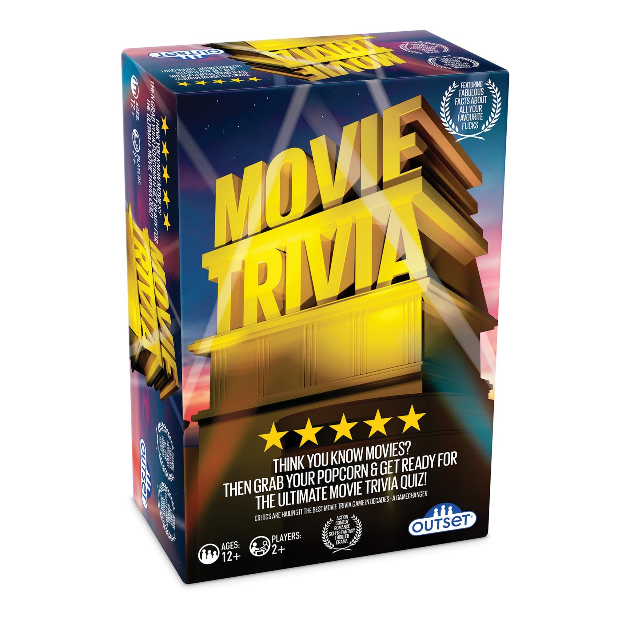 Game box cover for 'Movie Trivia' featuring question marks and movie-themed graphics.