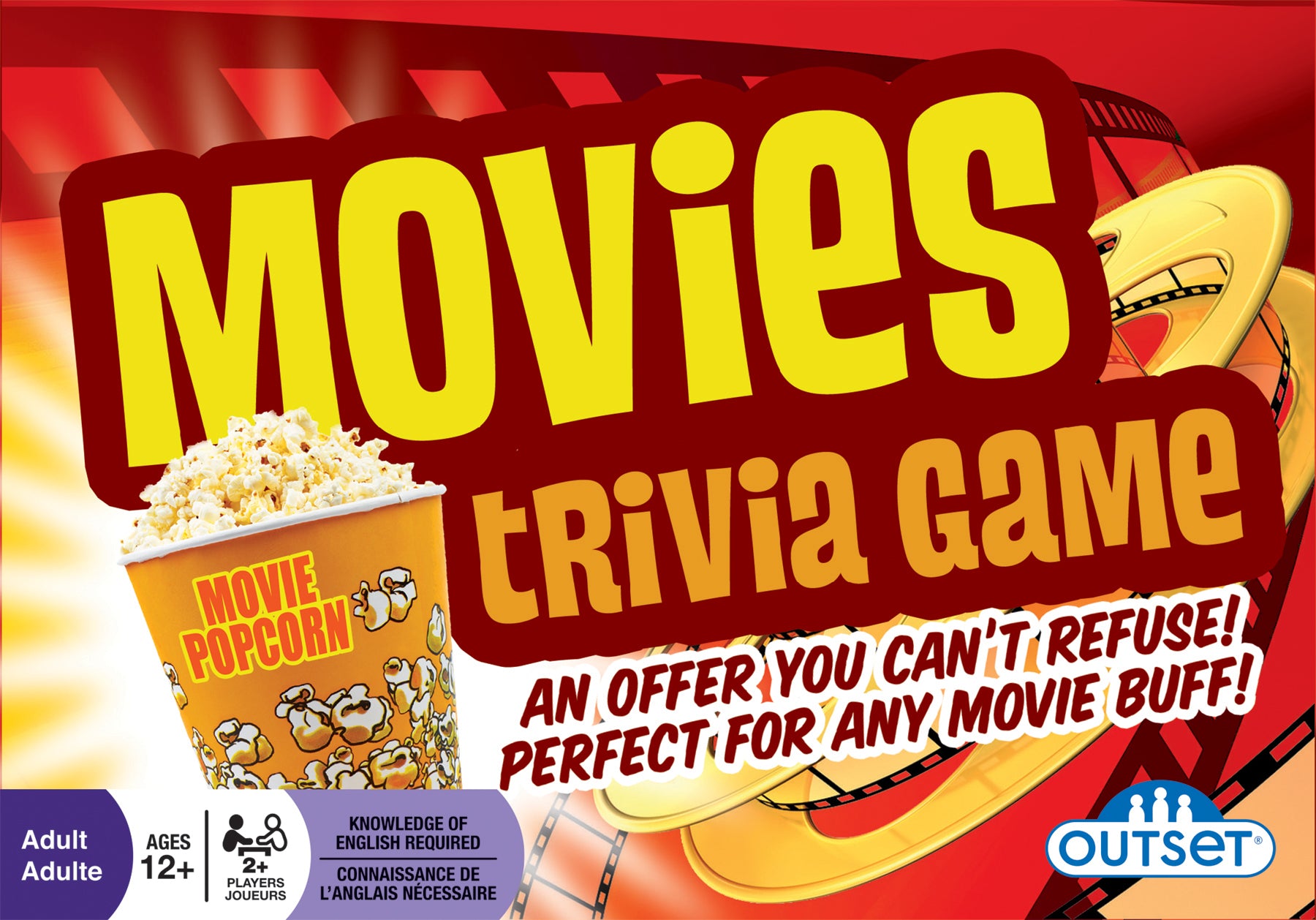 Cover of the 'Movies Trivia Game' board game packaging, featuring a red background with images of a popcorn container and a movie reel. The text promotes the game as an offer that can't be refused, perfect for any movie buff.