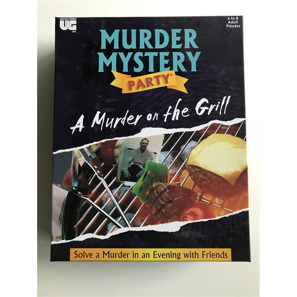 Murder Mystery Party game box titled 'A Murder on the Grill' with grill and food images.