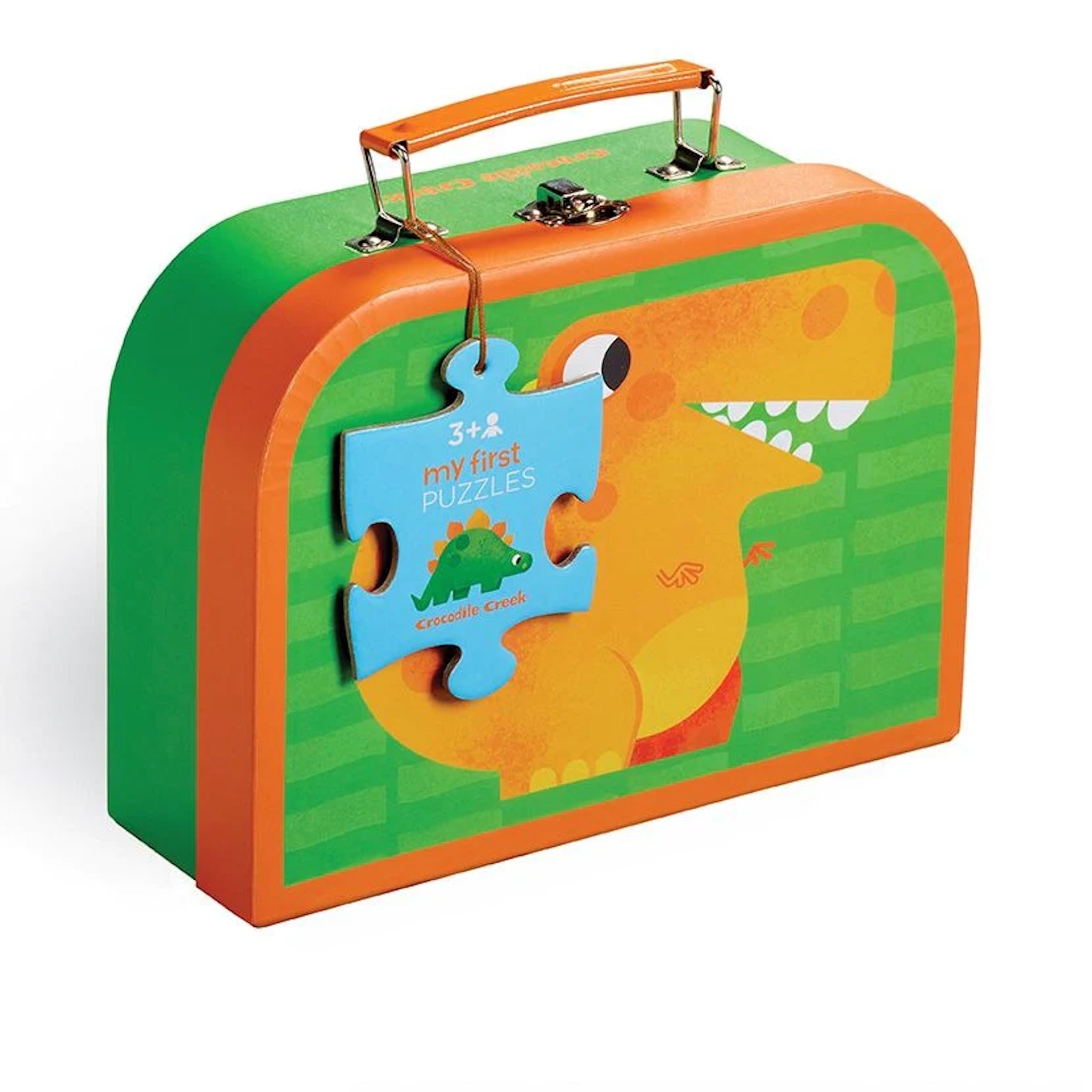 A colorful puzzle set in a case with a dinosaur motif, featuring a 12 piece puzzle, with an orange handle and green background.
