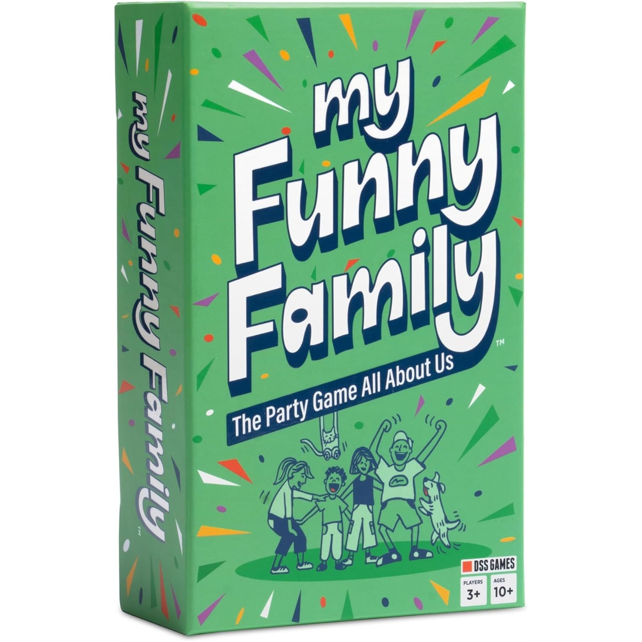 My Funny Family: the Party Game All About Us white text with navy shadow. Cartoon family laughing and celebrating on a green background with multi coloured confetti. Made for 3+ players aged 10 and up