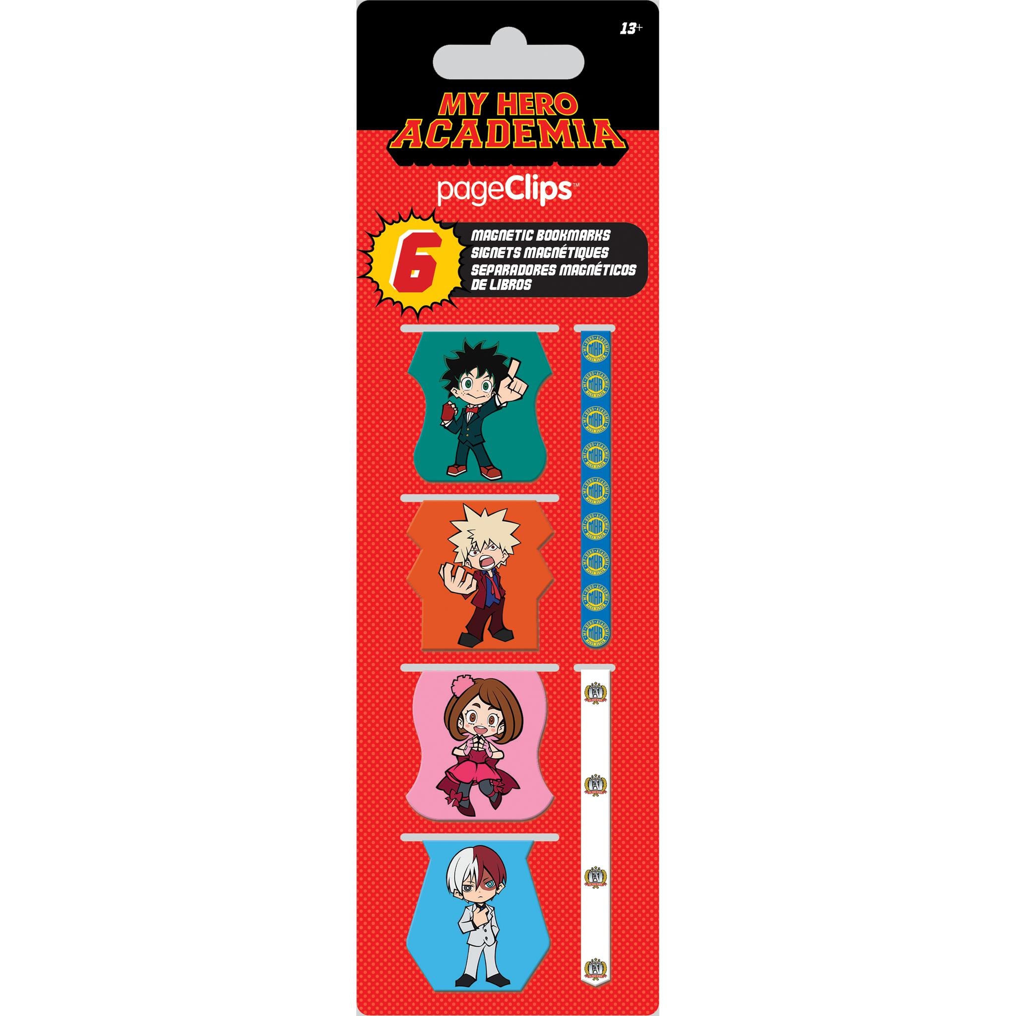 Pack of six 'My Hero Academia' themed magnetic page clips featuring characters from the anime series, presented in a red vertical packaging.