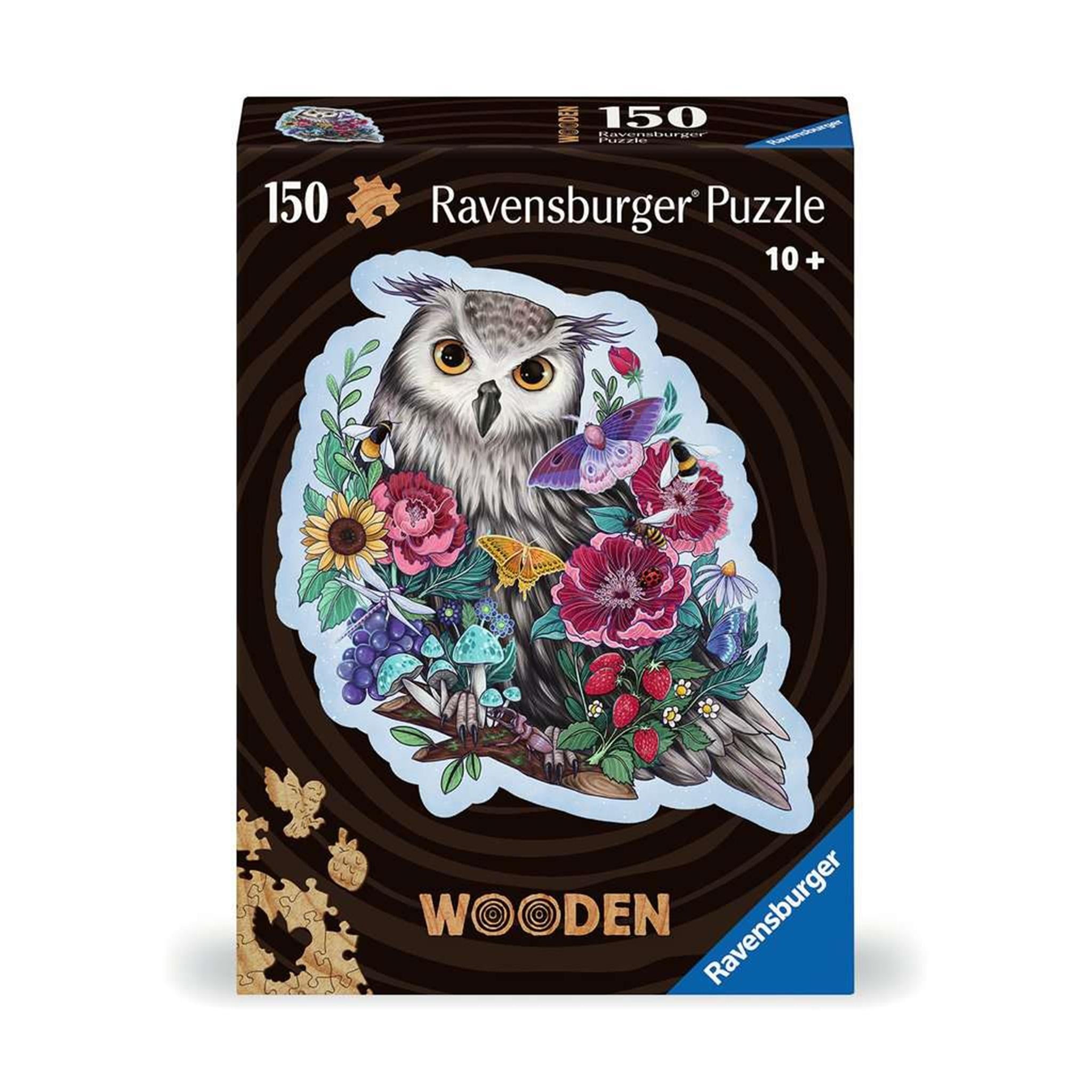 A packaged 150-piece Ravensburger wooden puzzle featuring a colorful illustration of an owl with flowers.