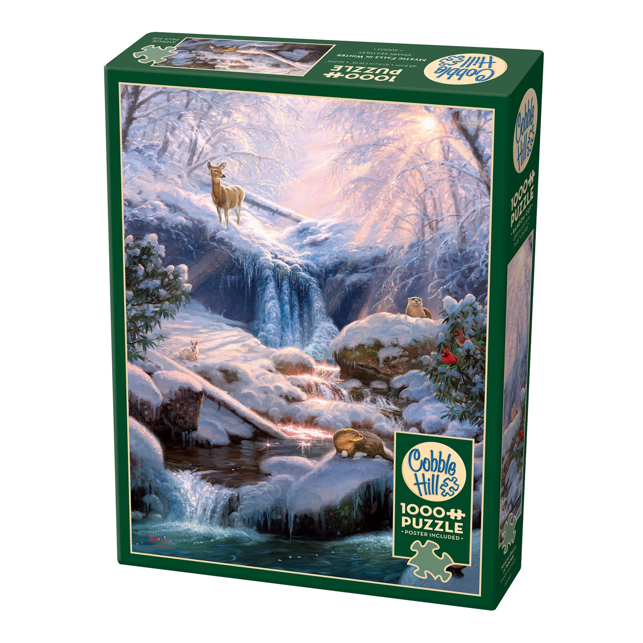 A 1000 piece Cobble Hill puzzle box featuring an illustrated winter scene with a waterfall and animals.