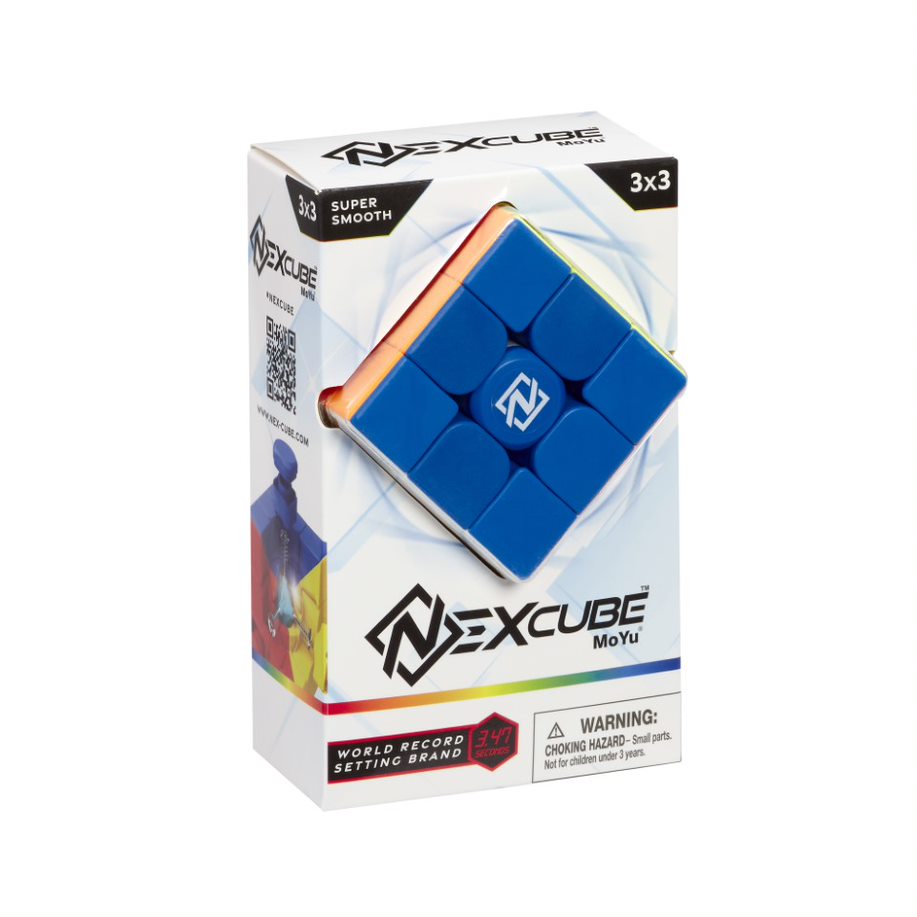 A blue NEXcube 3x3 classic puzzle in its packaging, which includes a warning label, an image of the puzzle, and the brand name.