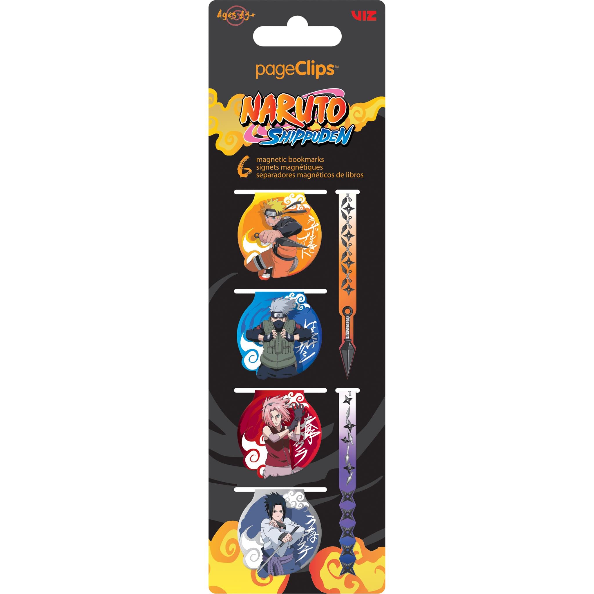 Pack of six magnetic page clips featuring characters from the anime Naruto, including colorful and unique designs.