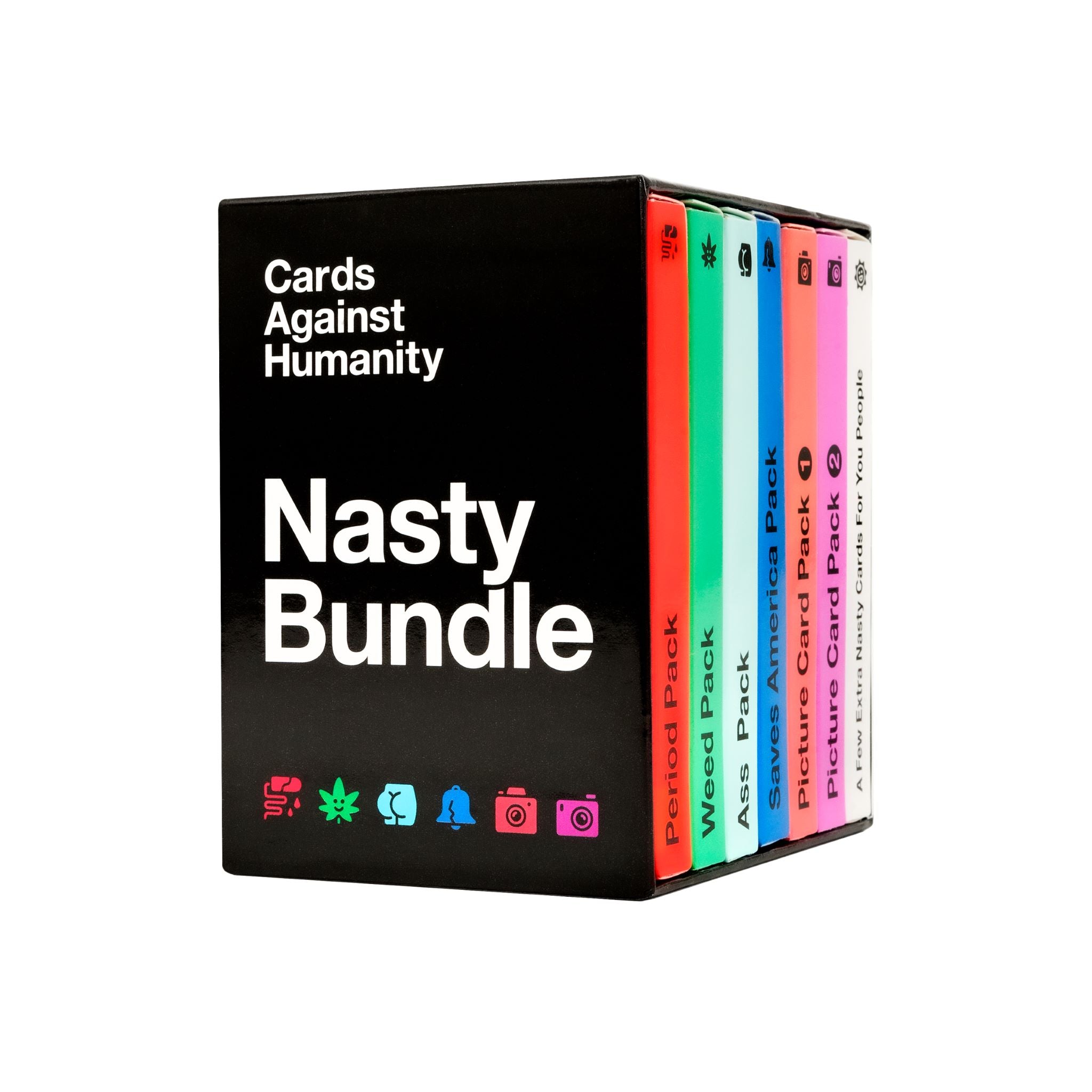 A box set of 'Nasty Bundle' which includes various expansion packs of Cards Against Humanity card game, featuring colorful packaging with the original game's logo.
