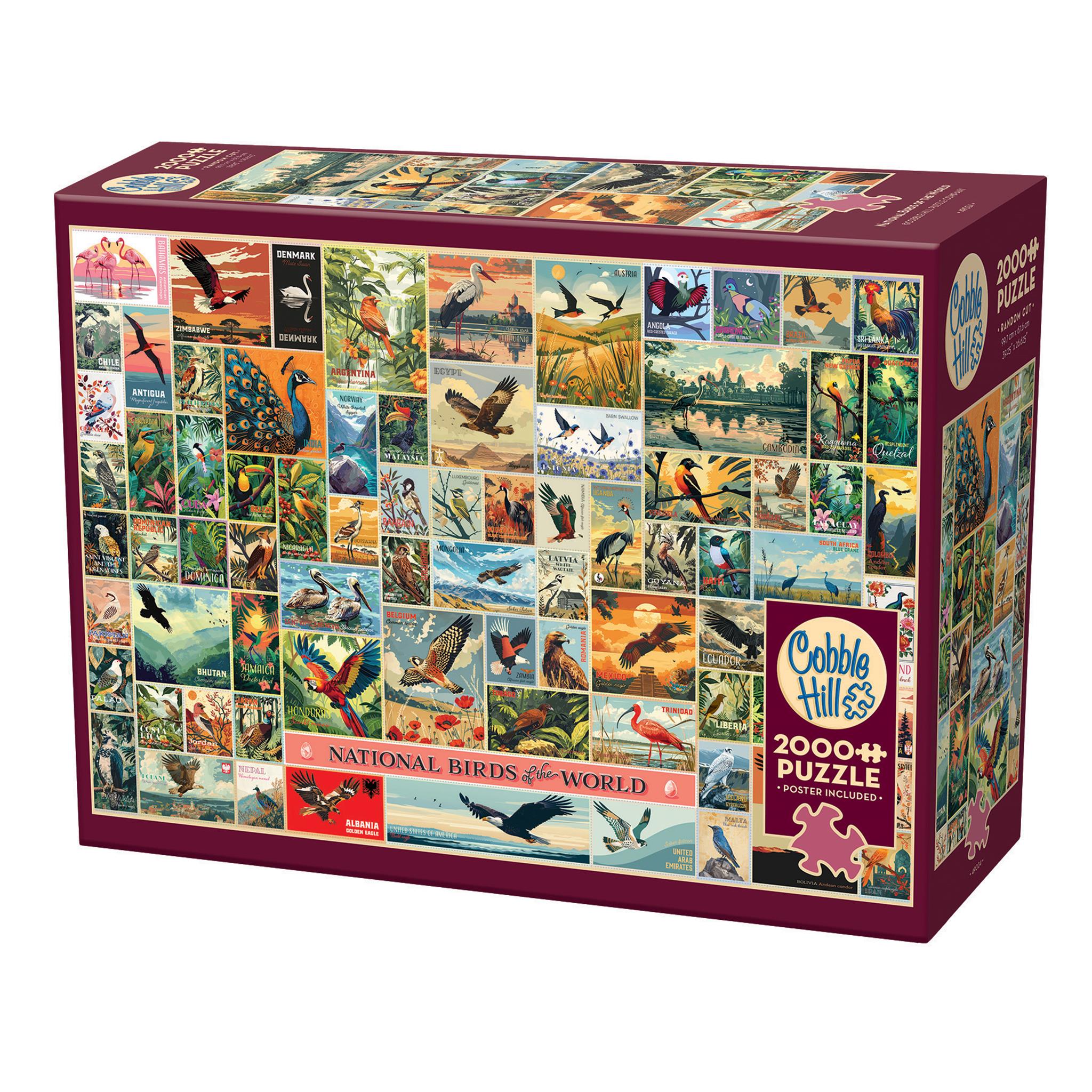 Features a stunning collage of national birds from Albania to Zambia. Each bird is artfully depicted and marked with its name and country, offering an intriguing insight into the avian emblems of nations worldwide.