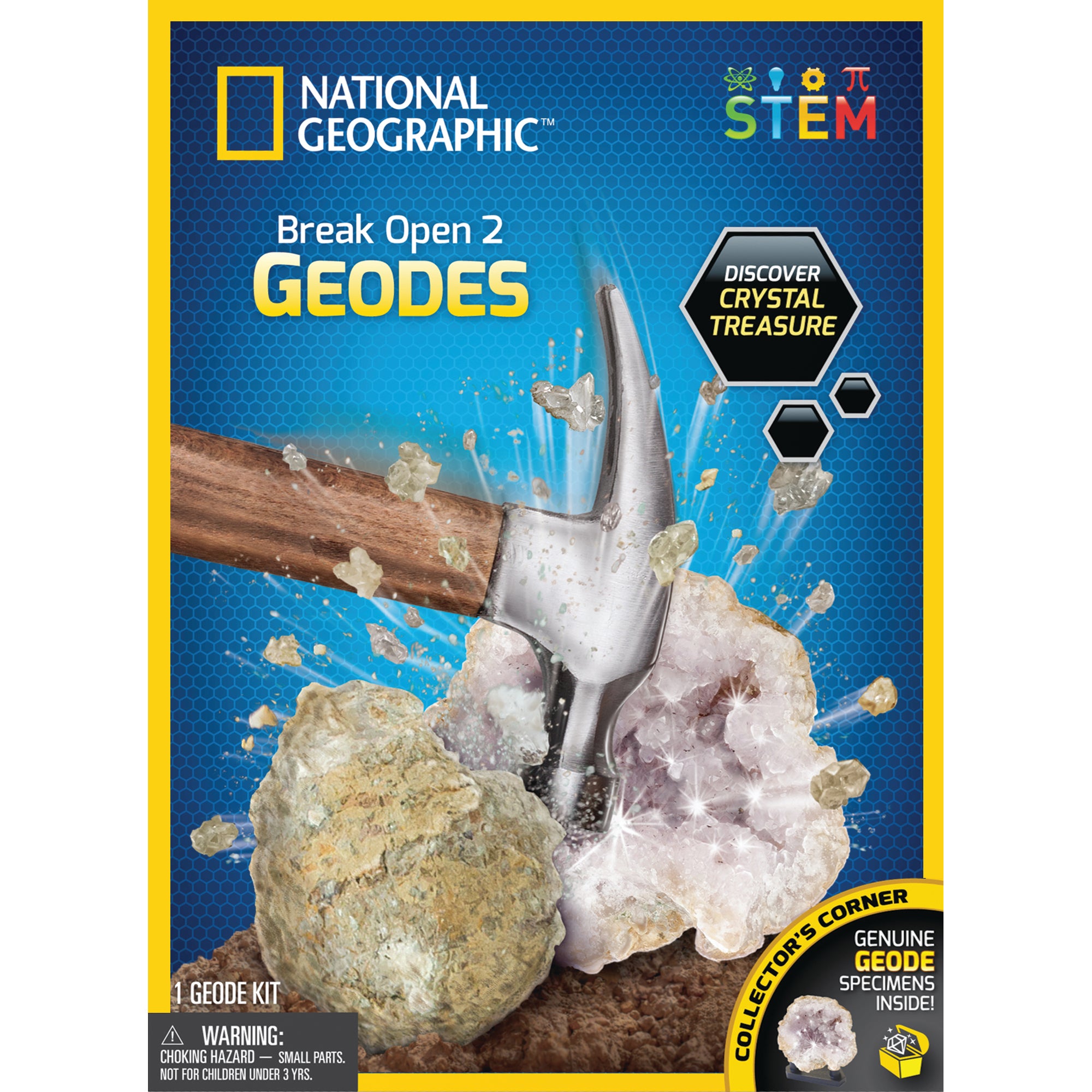 A package of 'National Geographic Break Open 2 GEODES' showing a hammer breaking open a geode with crystals inside, and the text 'Discover Crystal Treasures' on the upper part of the package.