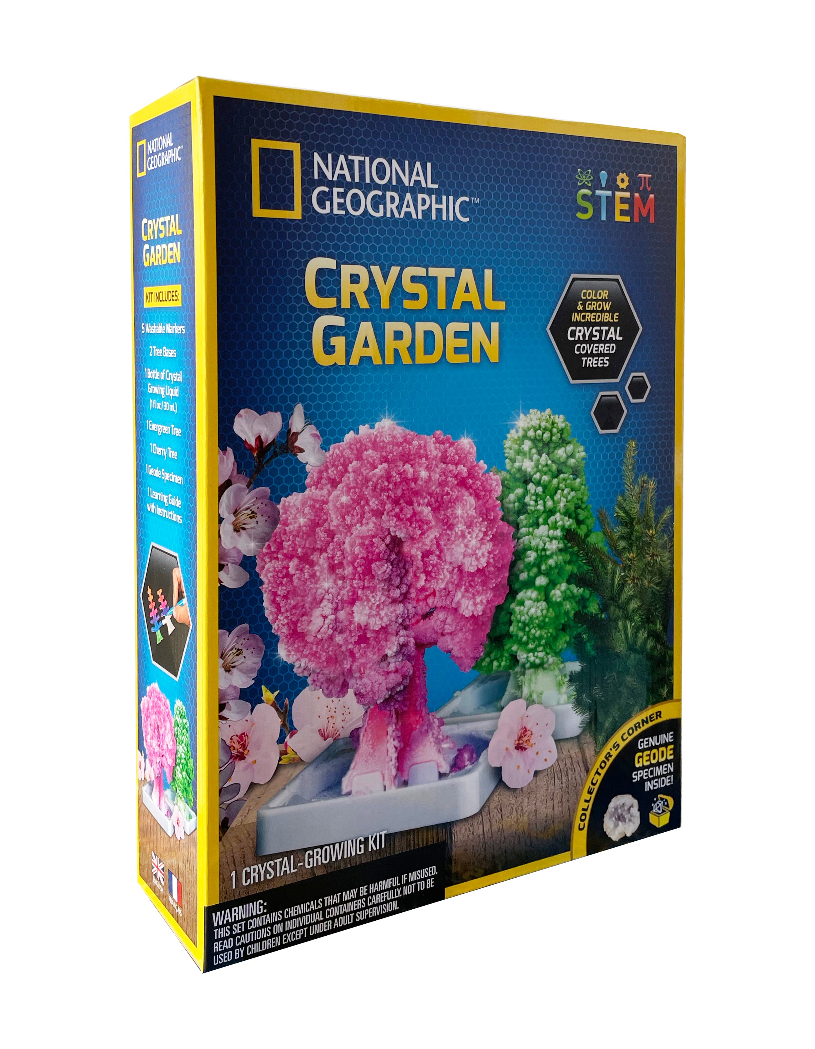 Packaging of National Geographic Crystal Garden kit featuring images of the growing crystals on tree models, with a predominantly blue and yellow color scheme.