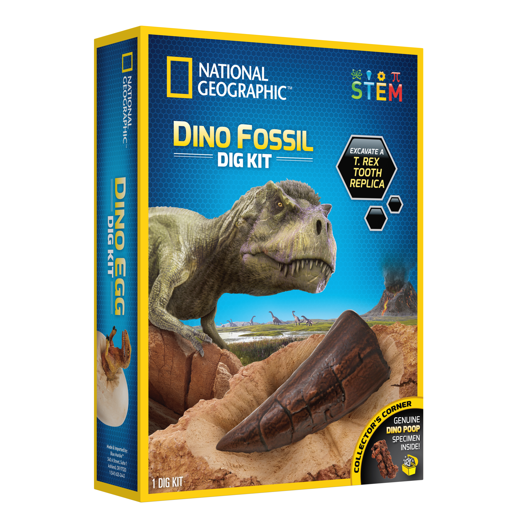 Packaging for the National Geographic Dinosaur Dig Kit featuring an image of a T-Rex and a replica of a dinosaur tooth on the front.