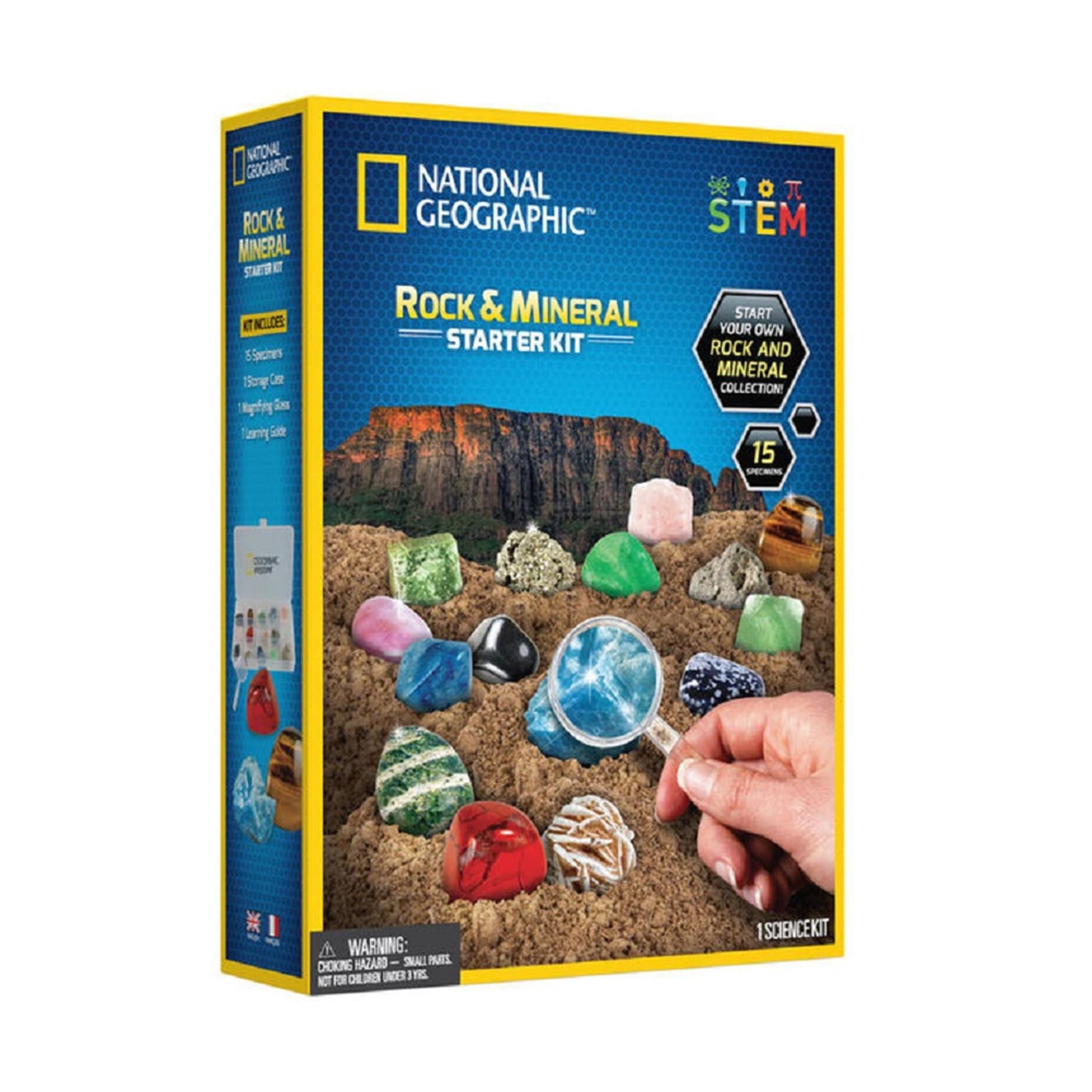 A National Geographic rock and mineral starter kit box featuring images of various colorful mineral specimens and a person holding a mineral.