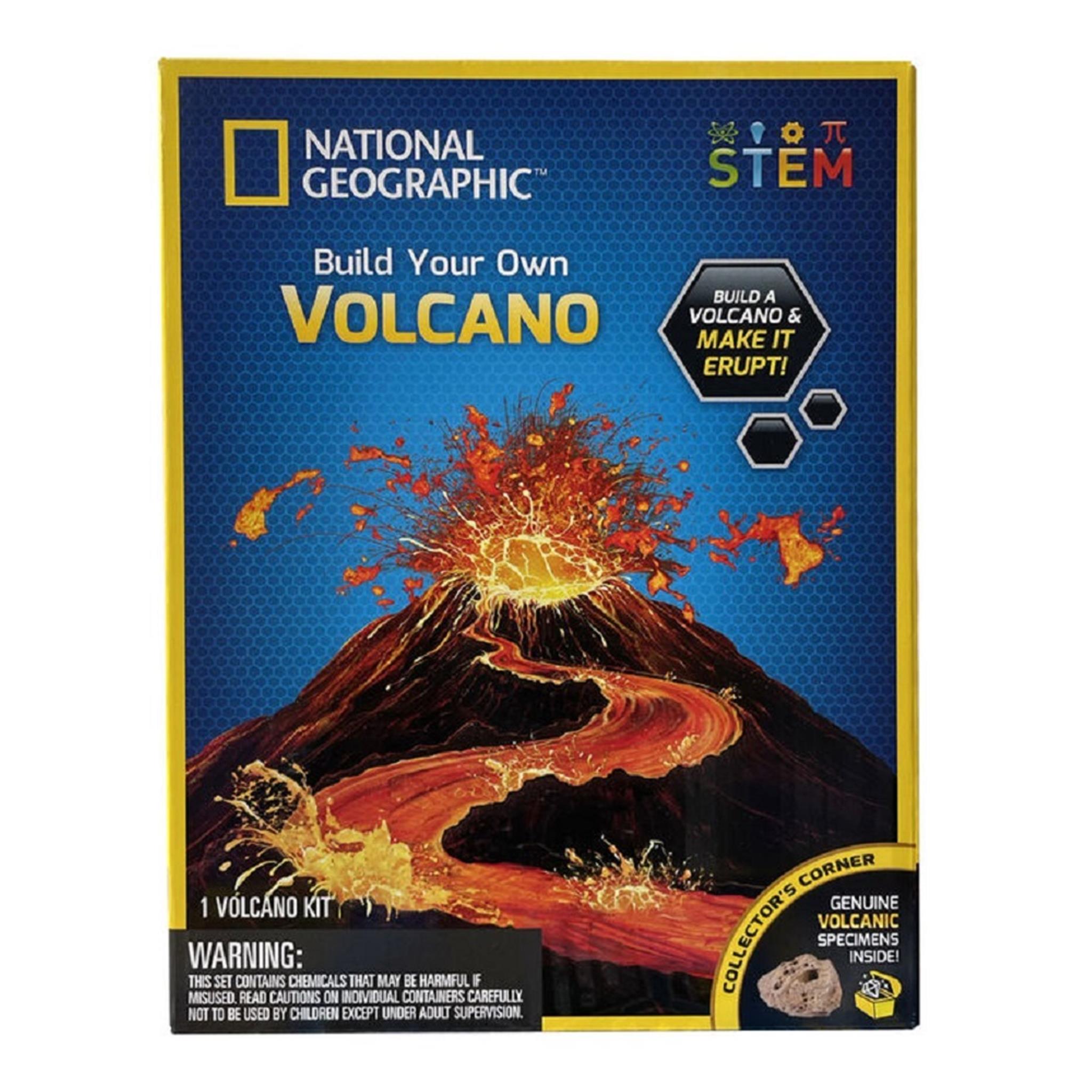 Packaging of the National Geographic Volcano Science Kit showing an illustration of a erupting volcano.