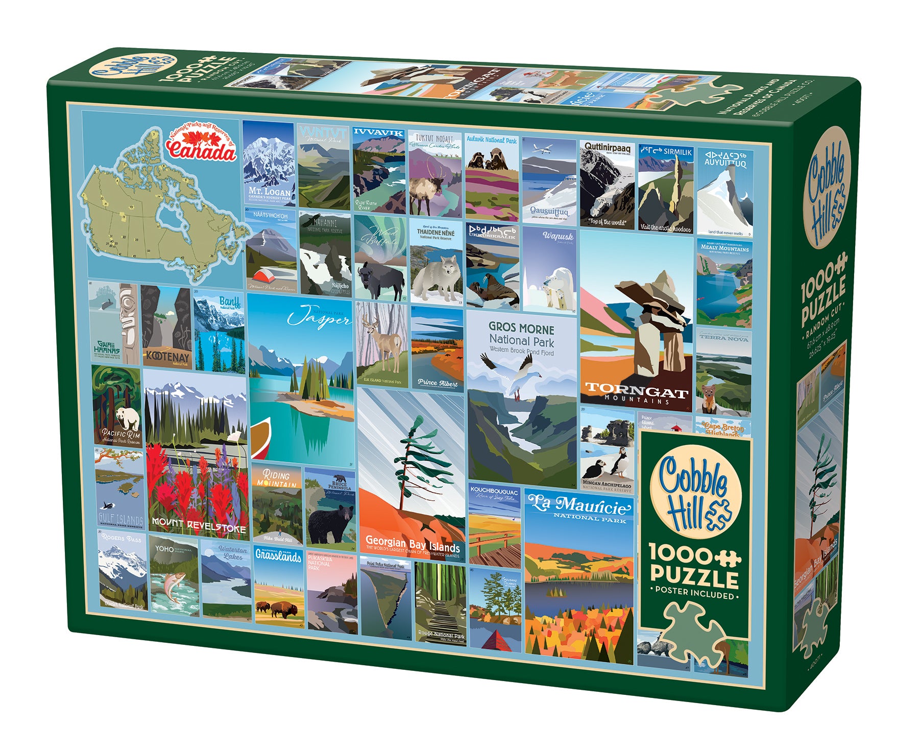 A 1000 piece Cobble Hill puzzle box featuring a collage of images representing various national parks and reserves of Canada.