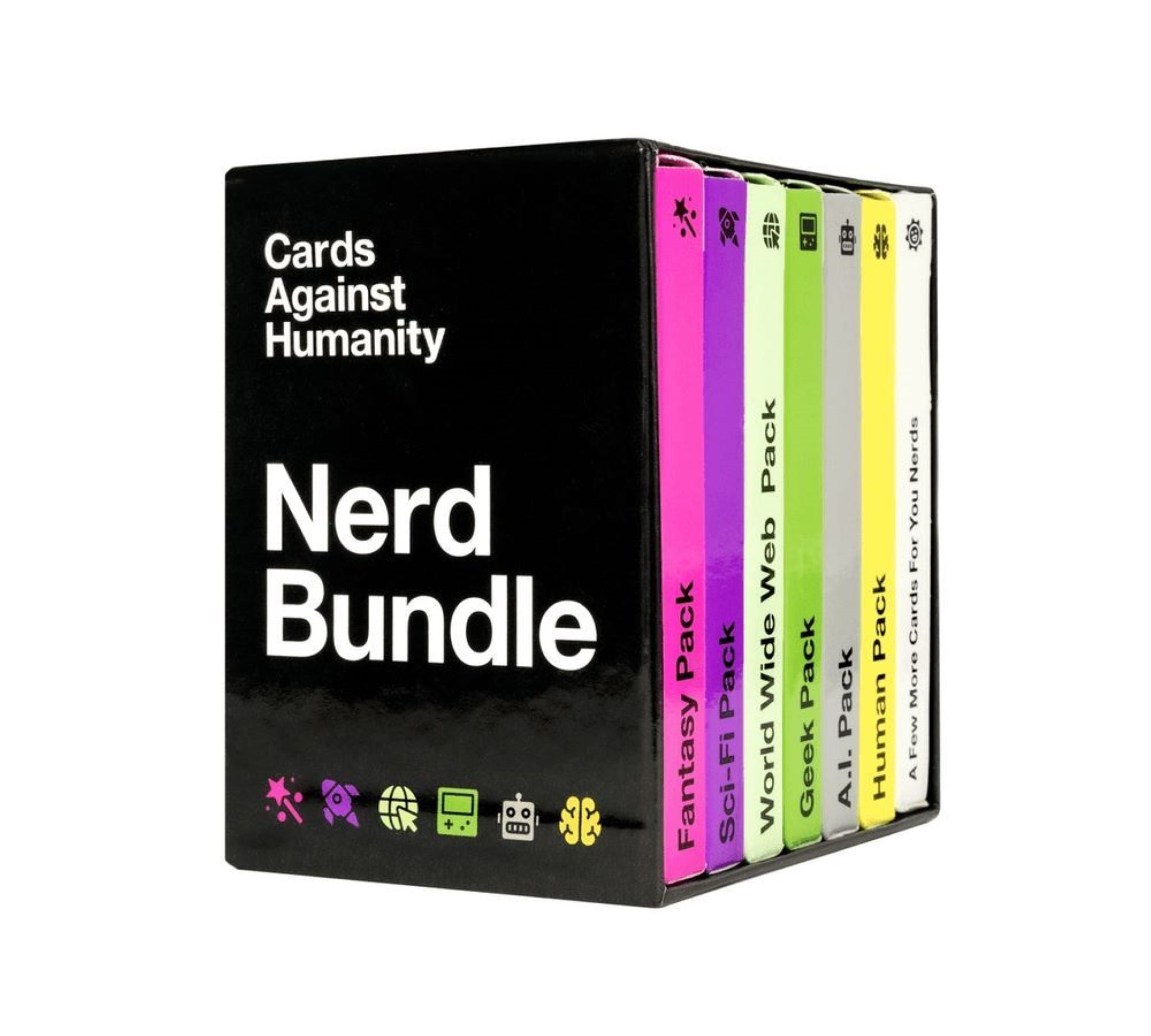 A set of boxed expansion packs for the party game Cards Against Humanity, labeled as 'Nerd Bundle'. The boxes are primarily black with white and pink text, and feature various colorful accents.
