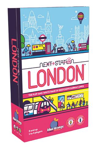 Board game box cover for 'Next Station London' featuring illustrations of iconic London landmarks and subway stations, with the name of the game and the publisher 'Blue Orange'.