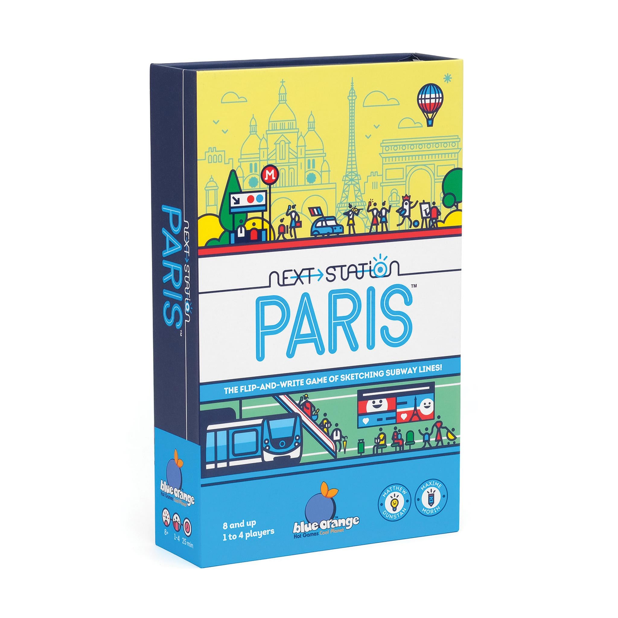 Board game box cover for 'Next Station Paris' featuring illustrations of iconic Paris landmarks, subway stations, and a hot air balloon.