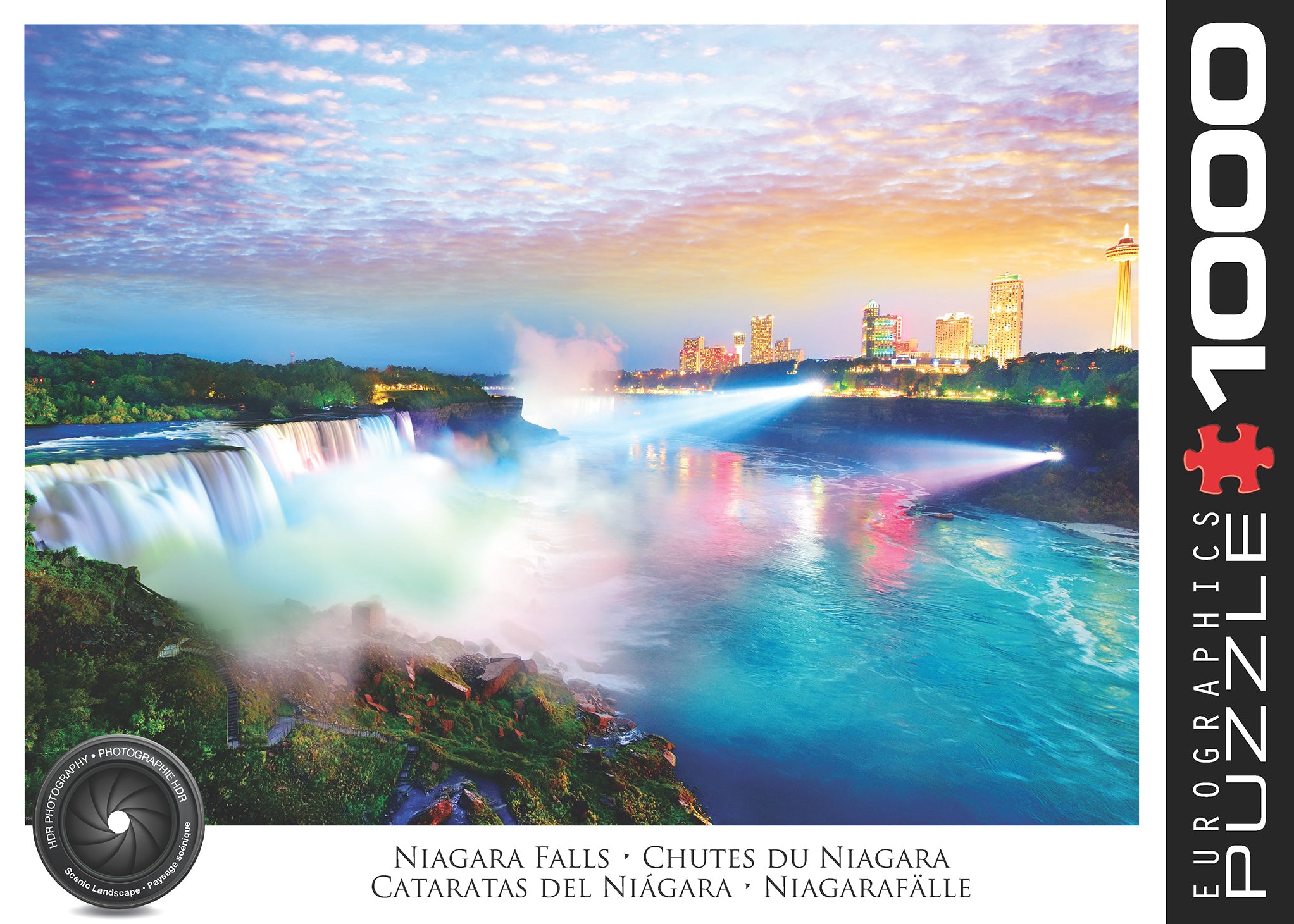 A 1000-piece jigsaw puzzle depicting Niagara Falls with a clear sky and water flowing over the falls.