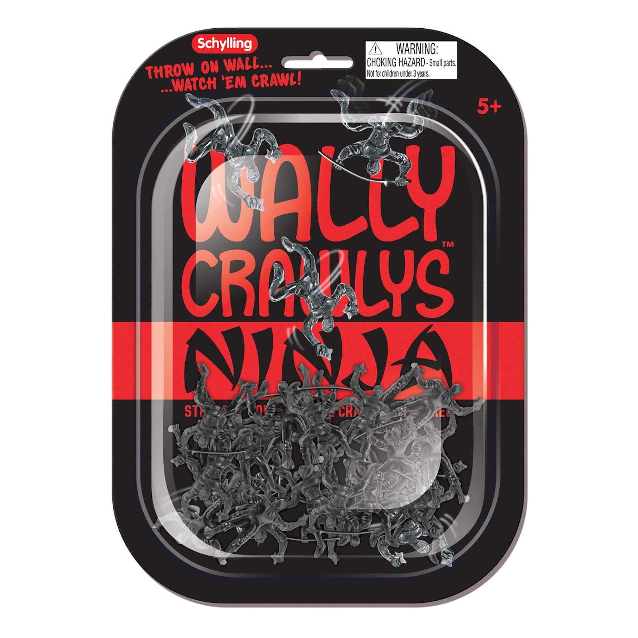 Packaging of Schylling's Wally Crawly Ninjas toy featuring a clear window displaying the black stretchy ninjas inside, with red and white labeling.